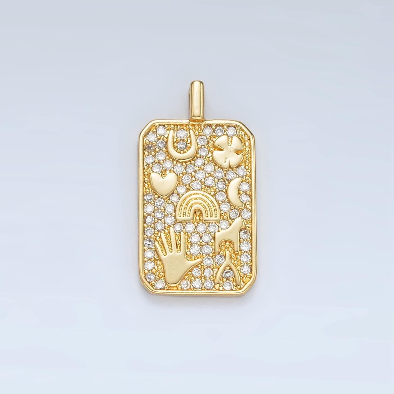Gold clear cz lucky tag pendant 24k gold filled rainbow heart clover micro paved cz pendant | aa1368