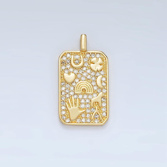 Gold clear cz lucky tag pendant 24k gold filled rainbow heart clover micro paved cz pendant | aa1368