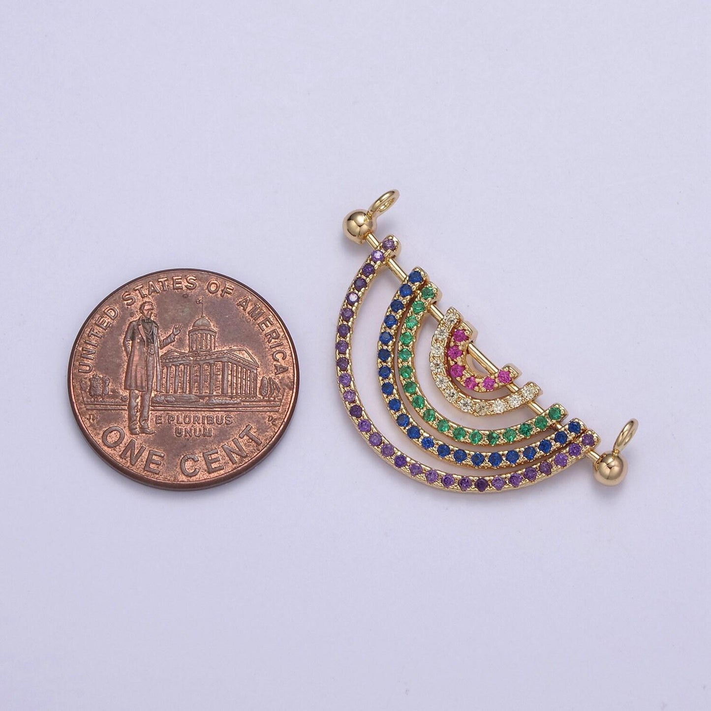 Cubic gold rainbow shape charm for necklace pendant double bail dual loop charm for jewelry making supply multi color cz charm