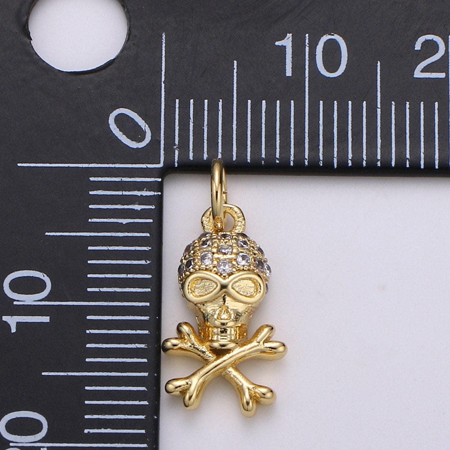 Skull 24k gold charm pirate cz pave pendant treasure cubic zirconia charmskeletal cluster cubic zirconiacharm dainty jewelrychgf-1820