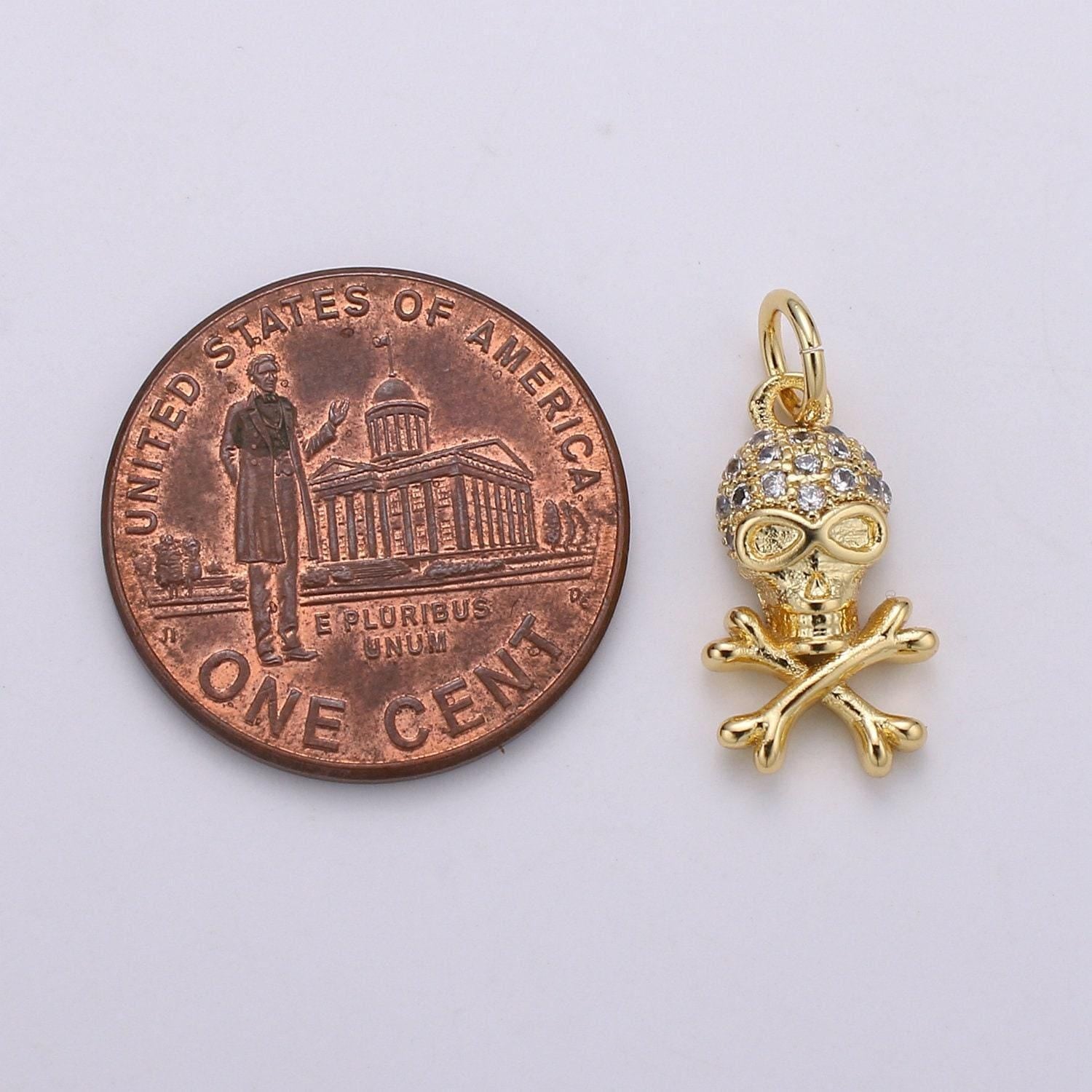 Skull 24k gold charm pirate cz pave pendant treasure cubic zirconia charmskeletal cluster cubic zirconiacharm dainty jewelrychgf-1820