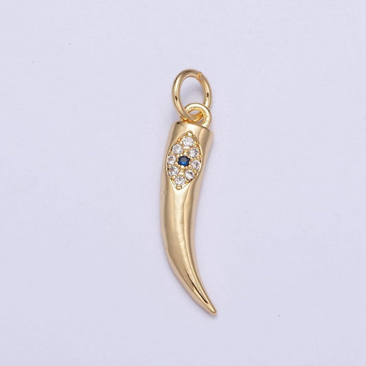 24k gold tusk pendant w/ micro pave cz blue evil eye center, tusk jewelry, add on charm for necklace bracelet earring | x-115