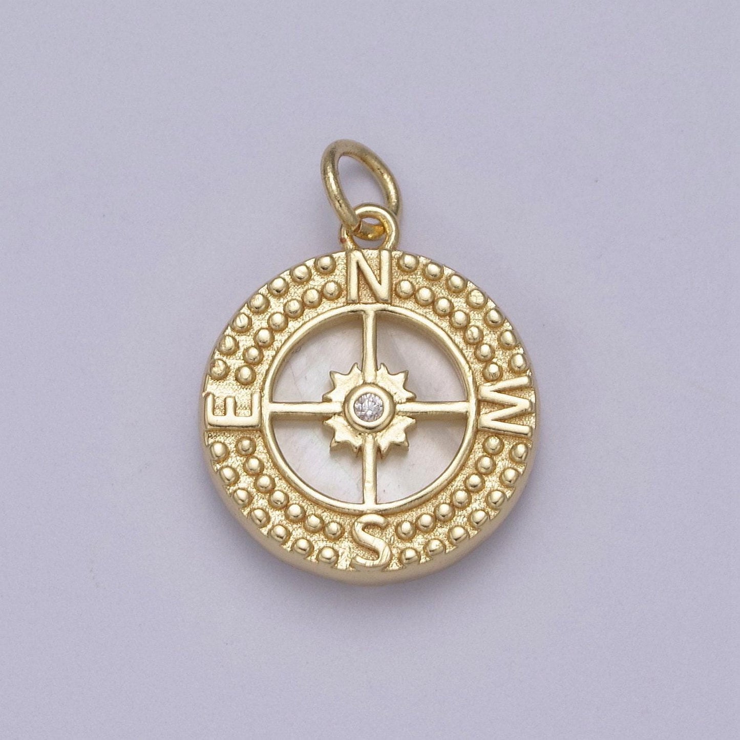 24k gold filled compass charm shell pearl round medallion pendant for necklace bracelet travel adeventure jewelry inspired | n384