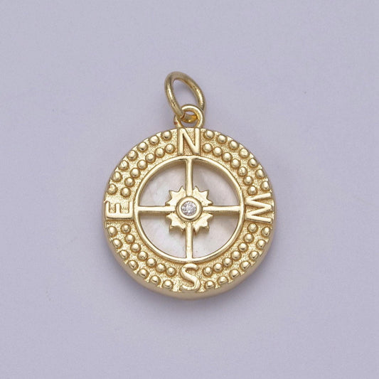 24k gold filled compass charm shell pearl round medallion pendant for necklace bracelet travel adeventure jewelry inspired | n384