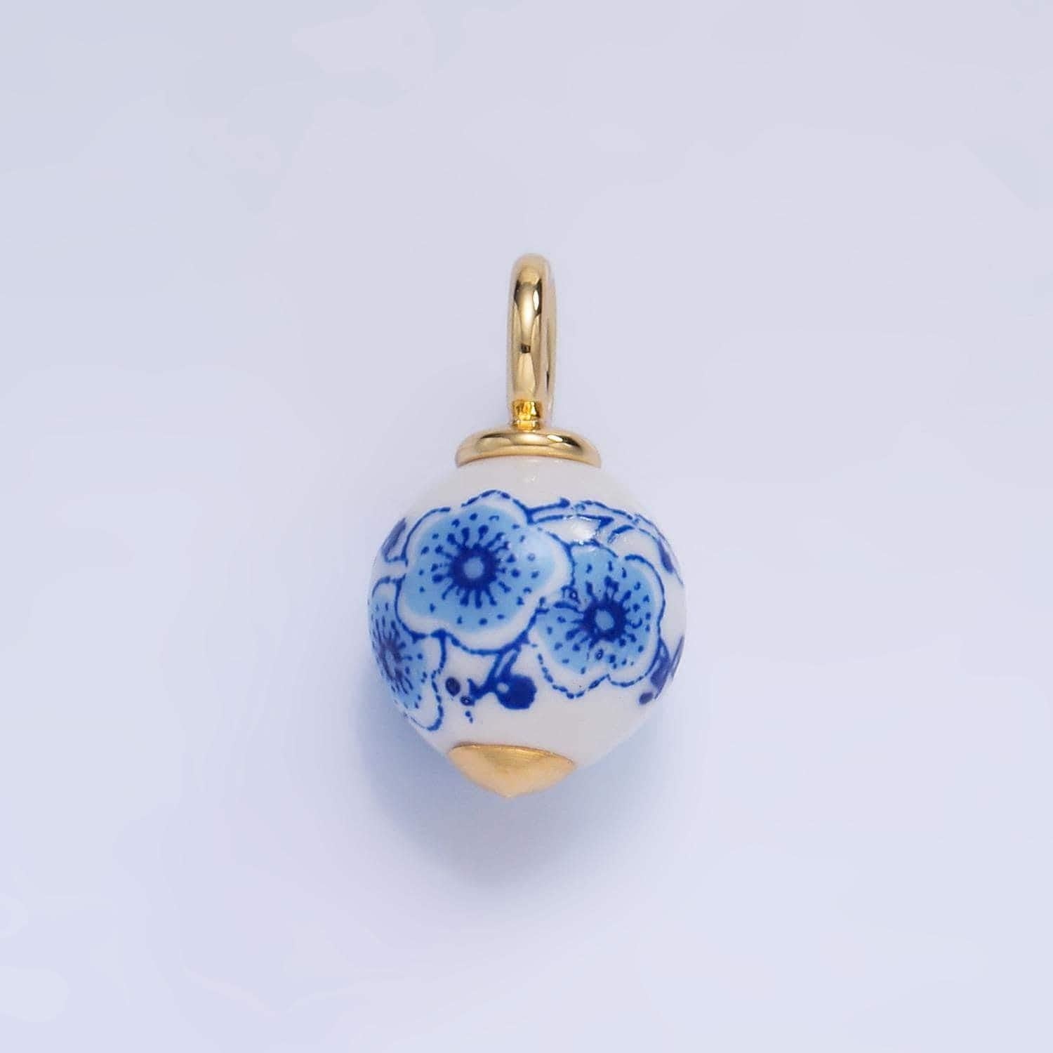 Dainty round ceramic charm handmade blue hibiscus painting ceramic porcelain vintage charm for necklace bracelet jewelry making supply w122