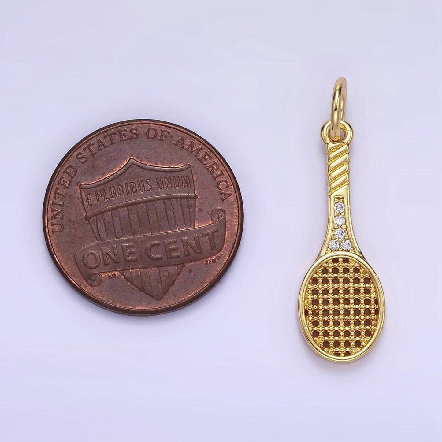 14k gold filled tennis racquet charm with cz for sport jewelry inspired necklace bracelet component | ag-888