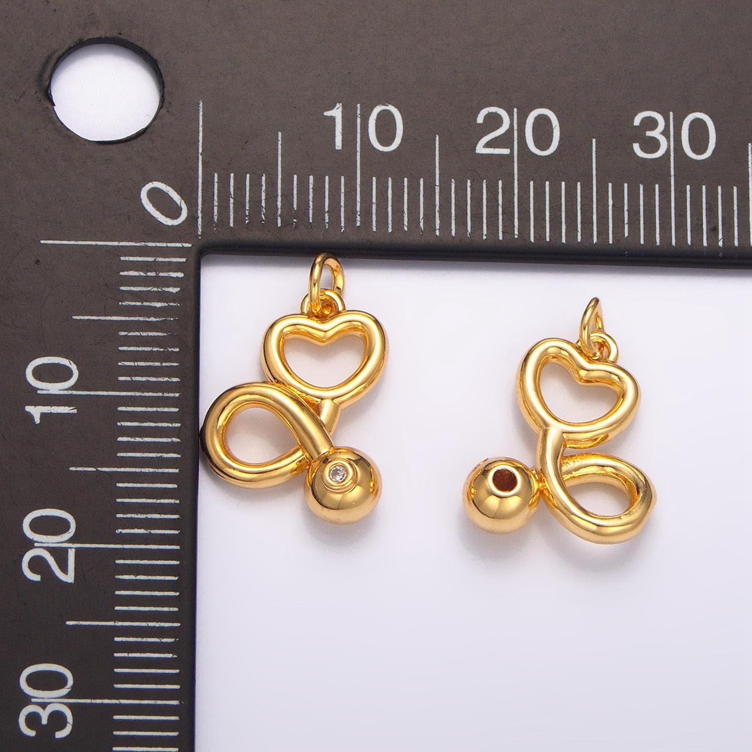 Cz multidimensional doctor stethoscope heart 24k gold filled charm | w-087