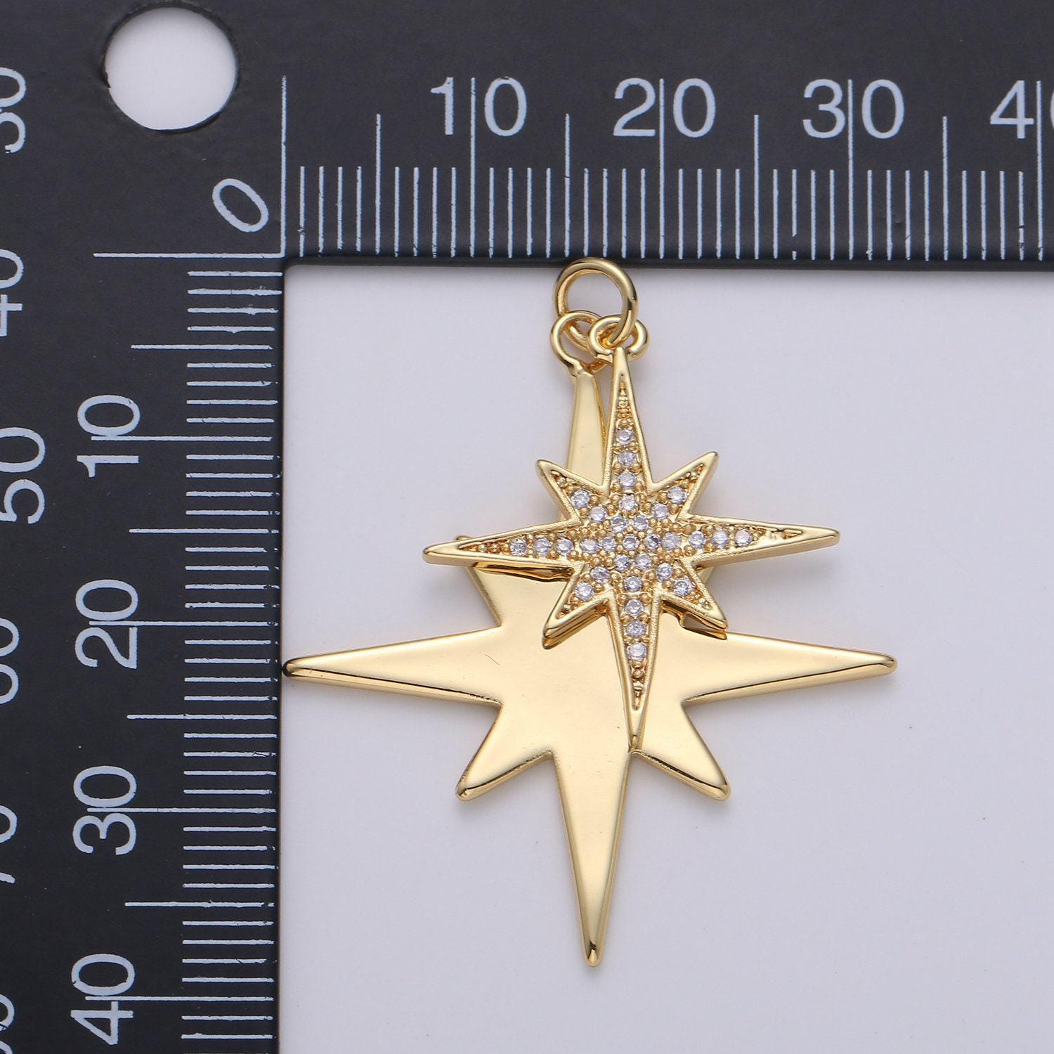 40x35m 24k gold north star charms, gold star pendant, celestial jewelry minimalist jewelry making supply micro pave dual star charm