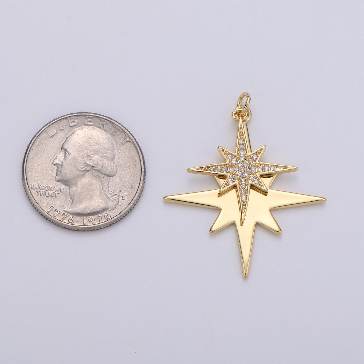 40x35m 24k gold north star charms, gold star pendant, celestial jewelry minimalist jewelry making supply micro pave dual star charm