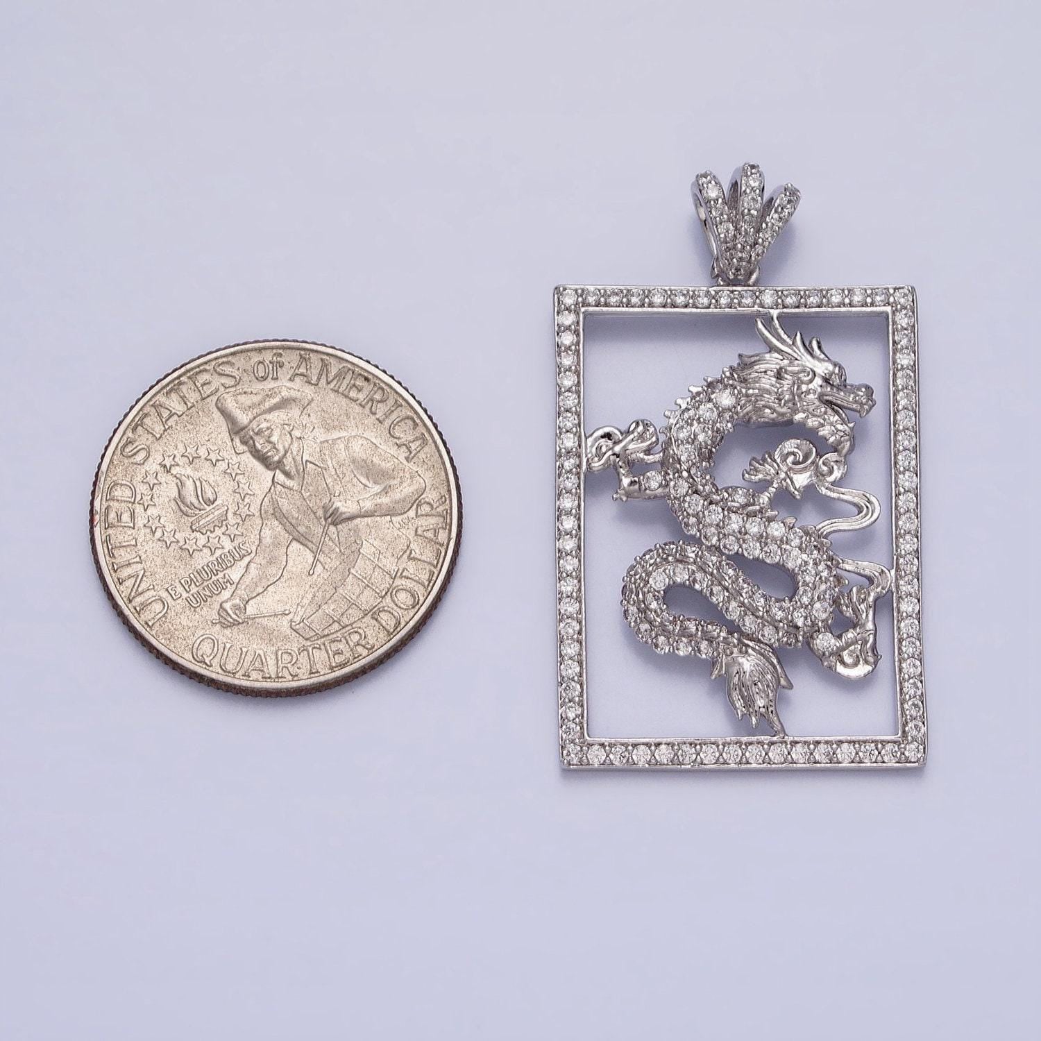 Micro pave silver dragon, gold frame majestic, fairy tale mythical creature tablet necklace pendant charm for jewelry making aa243