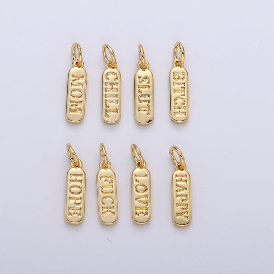 Dainty gold pill bar charm word love mom hope happy chill charm 14k gold filed charm for bracelet earring necklace d323-d330, d747