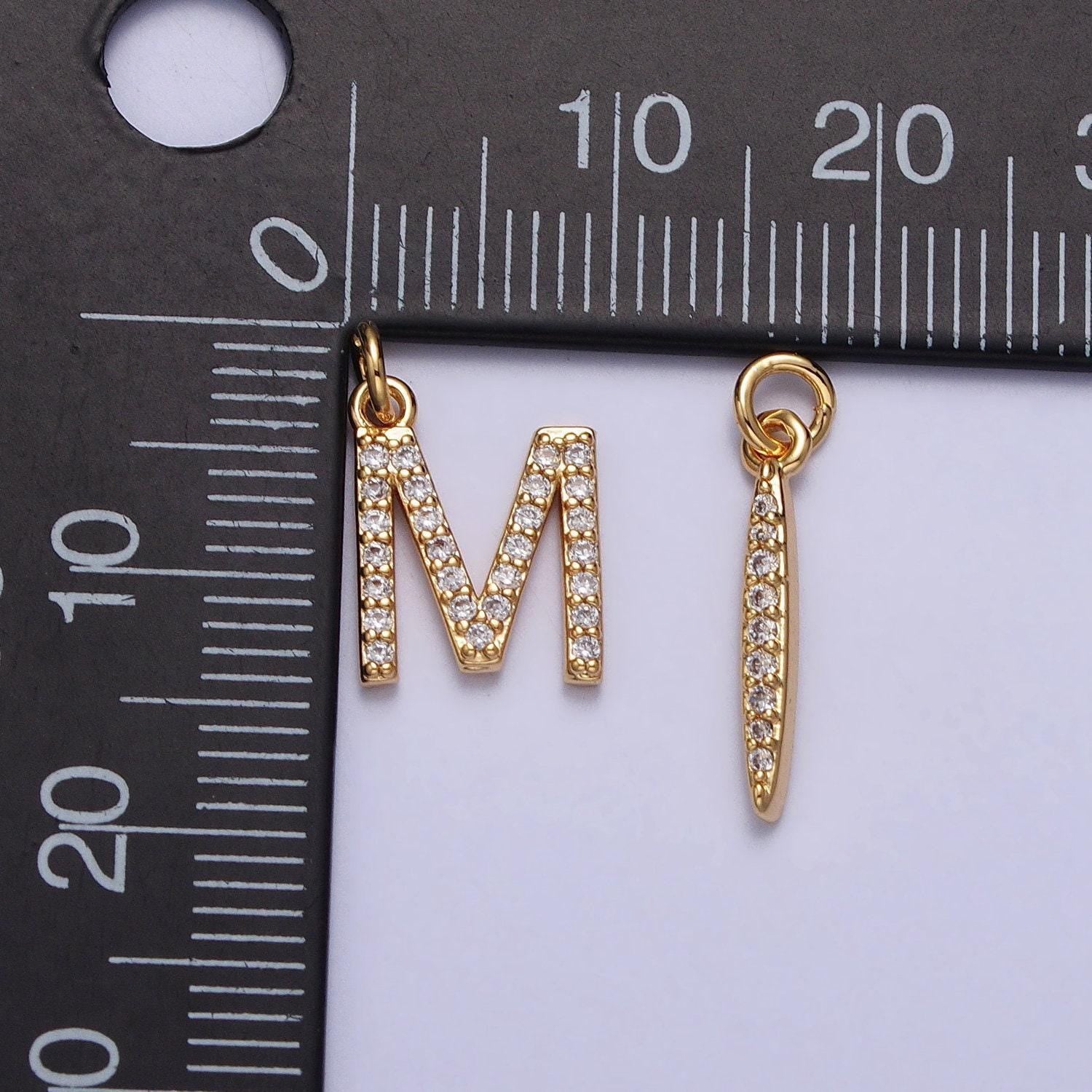 Dainty gold cz micro pave initial letter charm small letter pendant, cubic alphabeth charm, 15mm micro pave letters dangle charm