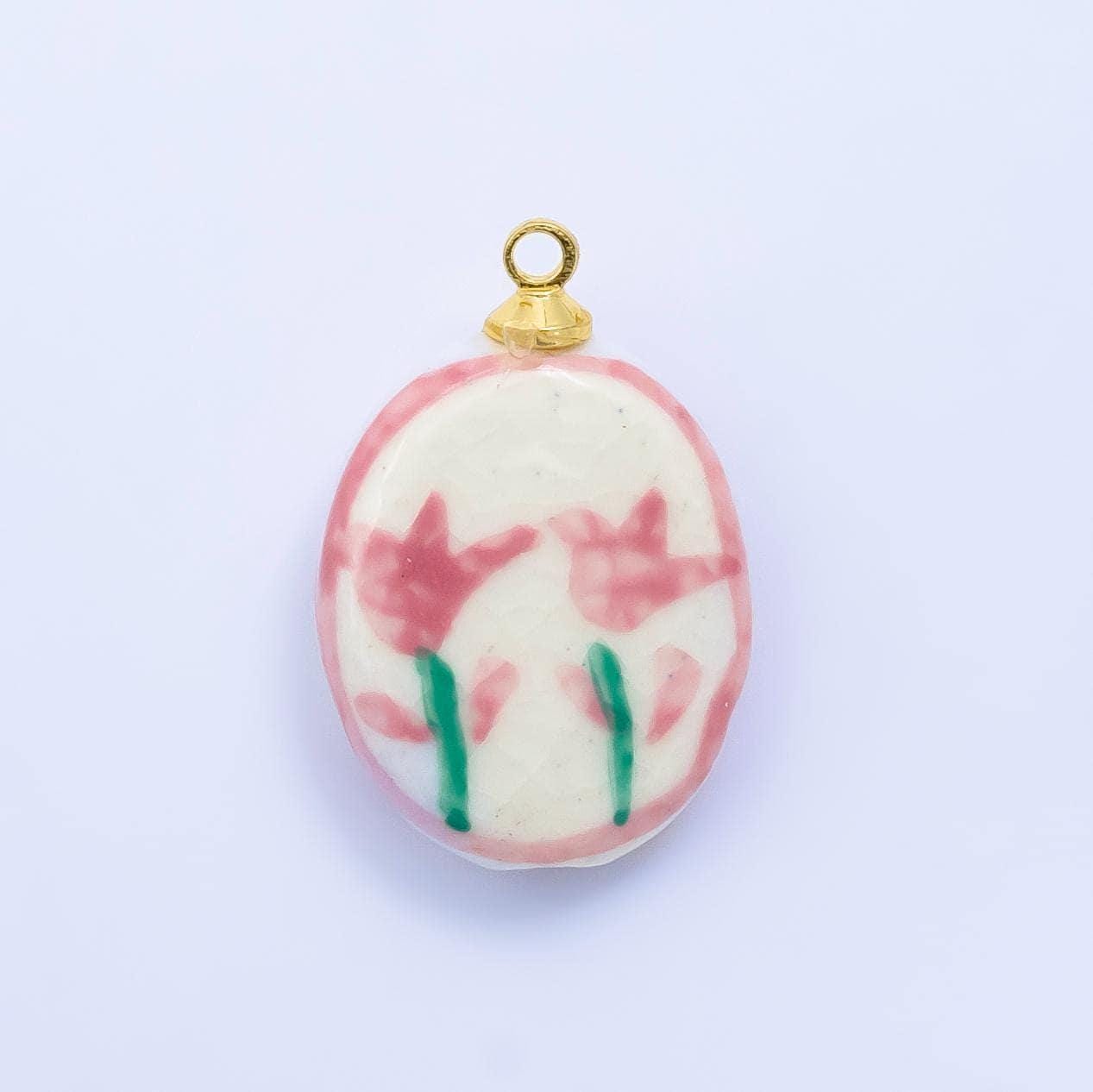 Dainty oval ceramic charm handmade red rose painting ceramic porcelain vintage charm for necklace bracelet jewelry making supply w074