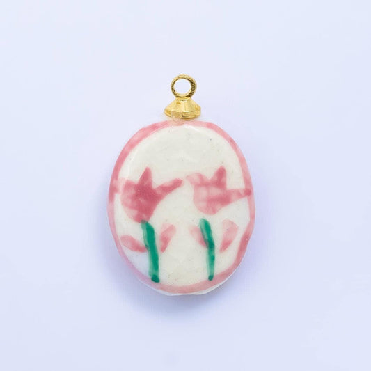 Dainty oval ceramic charm handmade red rose painting ceramic porcelain vintage charm for necklace bracelet jewelry making supply w074