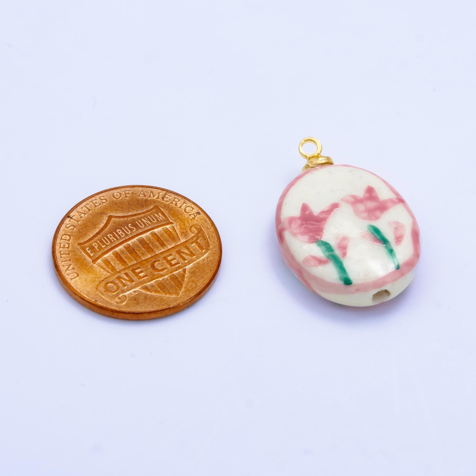 Dainty oval ceramic charm handmade red rose painting ceramic porcelain vintage charm for necklace bracelet jewelry making supply w074