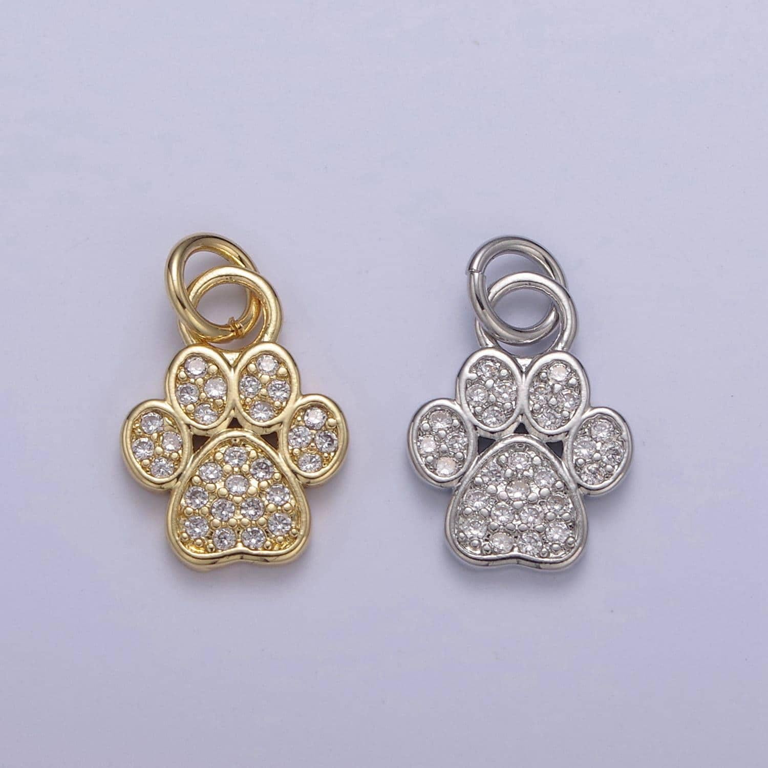 Tiny dog cat bear paw print pendant in silver or gold, micro cz pave | diy fashion jewelry charm for necklace bracelet earring | n-683