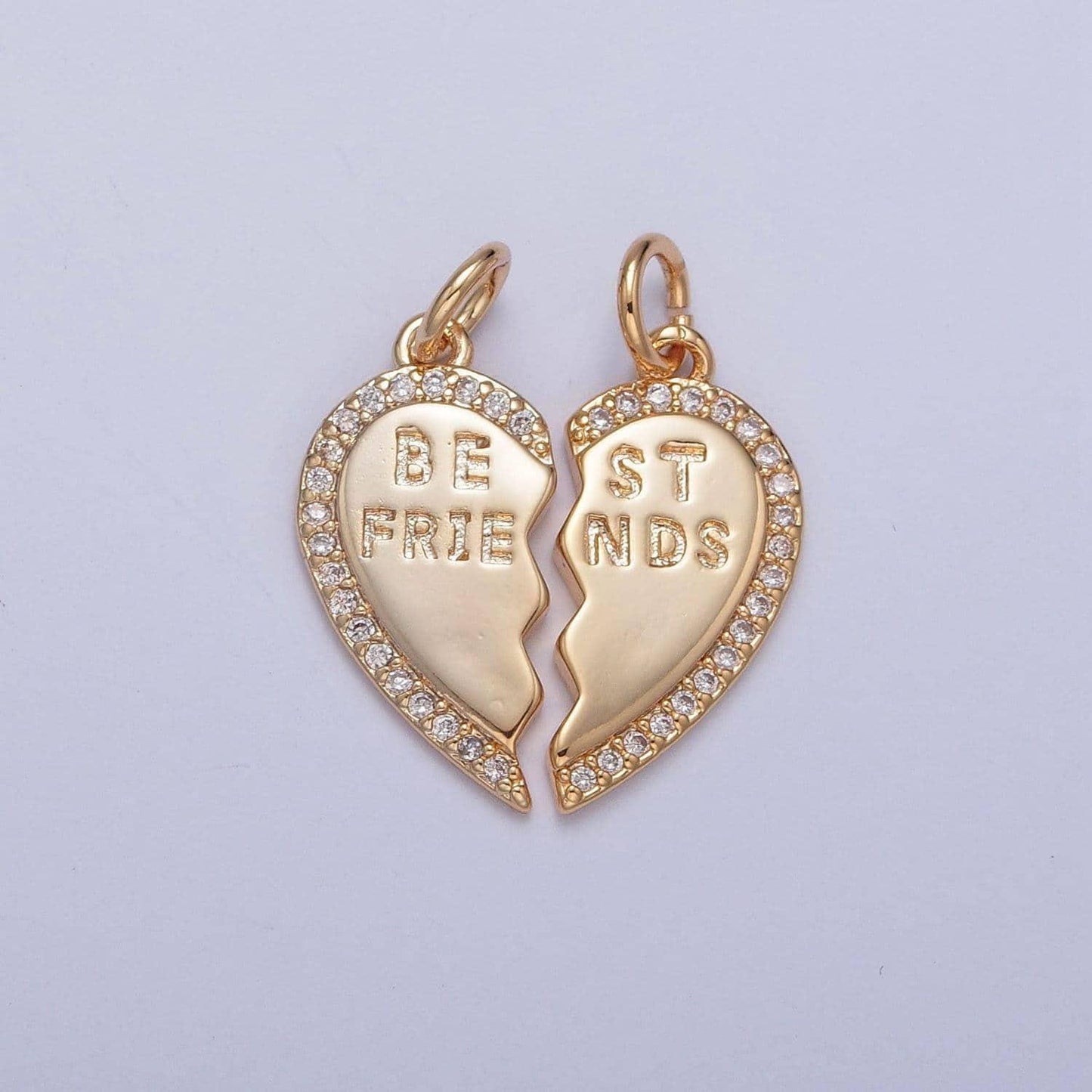 16k gold filled best friends two-piece heart charm broken heart micro pave cz pendant friendship set | diy charm necklace bracelet | x-228