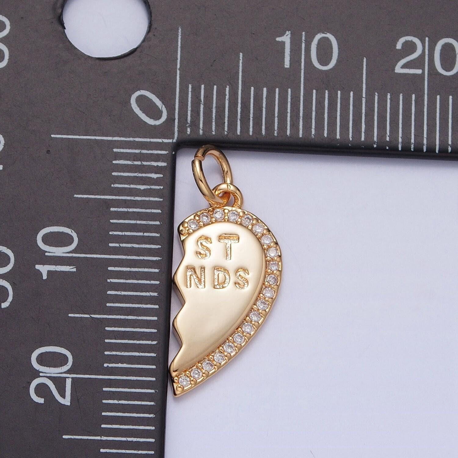 16k gold filled best friends two-piece heart charm broken heart micro pave cz pendant friendship set | diy charm necklace bracelet | x-228