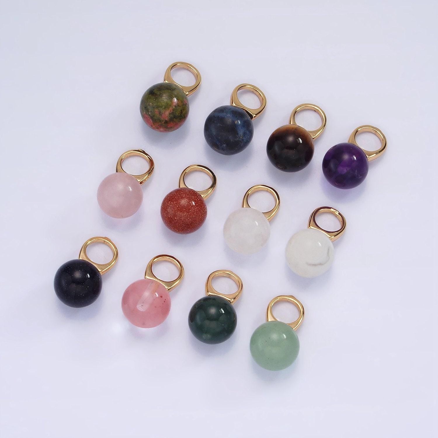 14k gold filled charm natural gemstone howlite amethyst rose quartz labradorite tiger eye round ball bail pendant | ag367