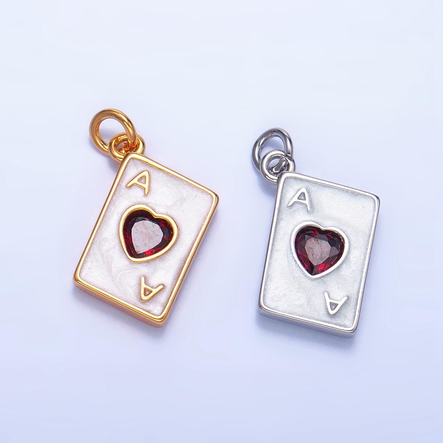 Red cz ace of hearts 24k gold filled playing card charm in gold & silver | w-008