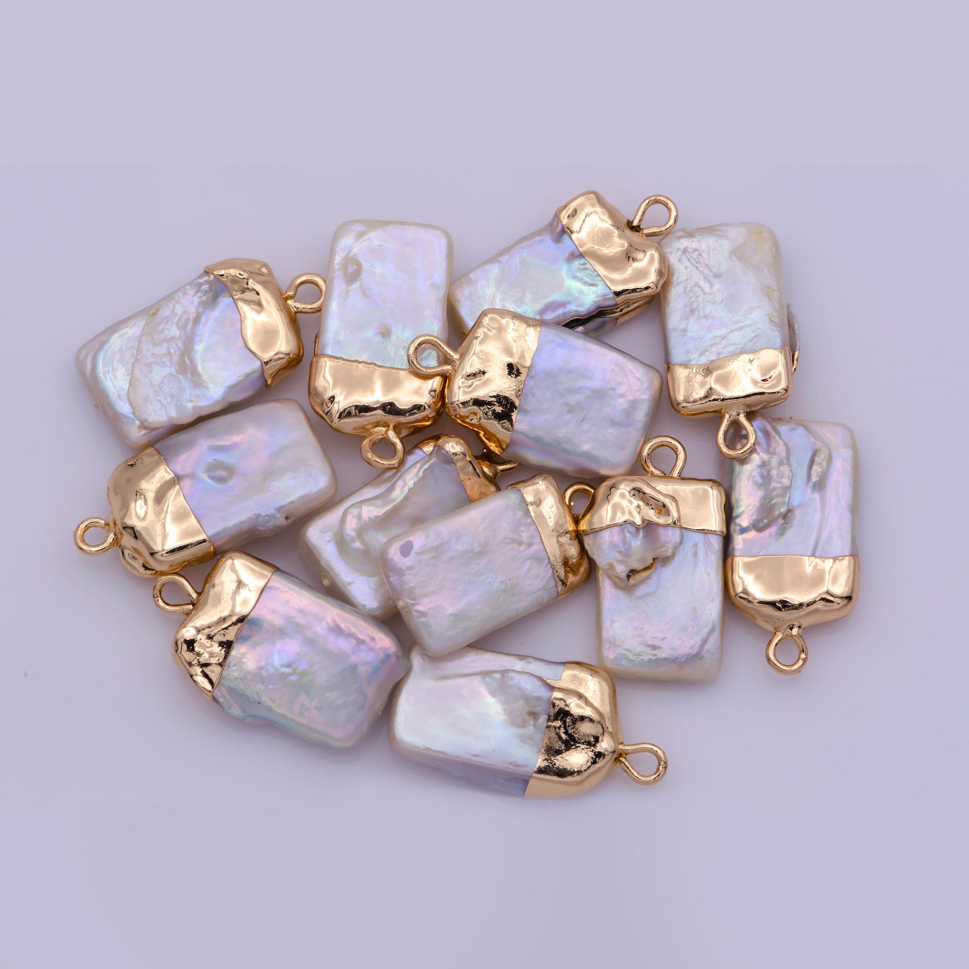 Dainty freeform rectangle baroque pearl charm with 14k light gold plated edge necklace anklet bracelet earring charm supplies p-1825