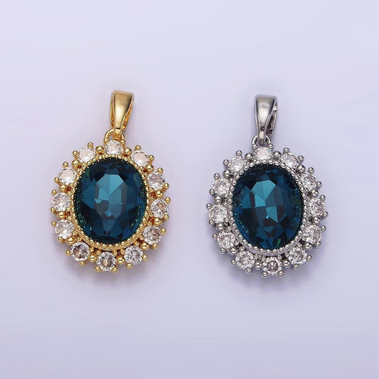 14k gold filled blue multifaceted cz dotted outlined oval pendant in gold & silver | n1800 n1801