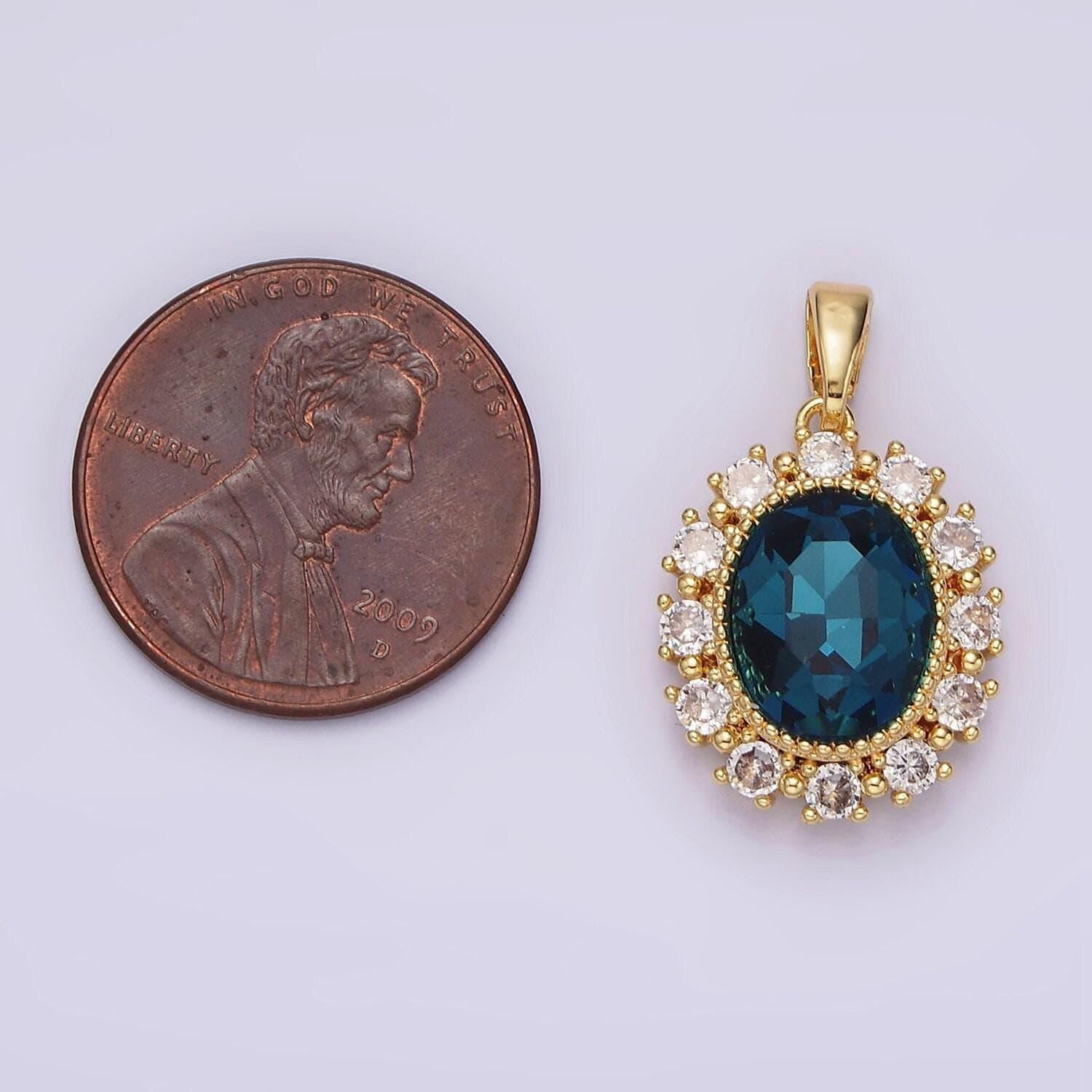 14k gold filled blue multifaceted cz dotted outlined oval pendant in gold & silver | n1800 n1801
