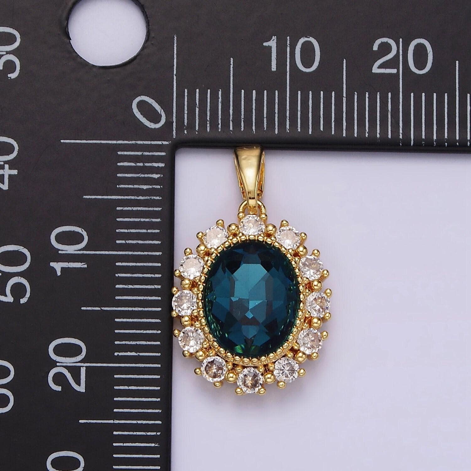 14k gold filled blue multifaceted cz dotted outlined oval pendant in gold & silver | n1800 n1801