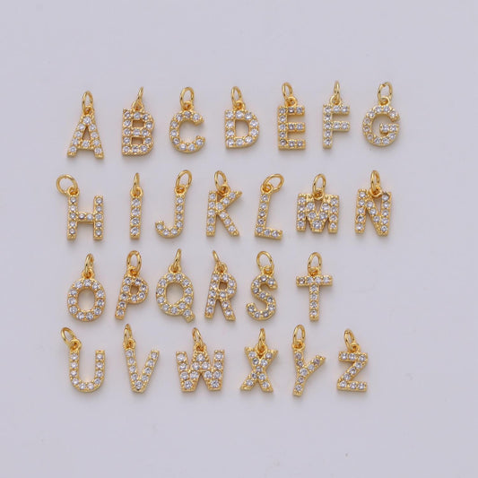 1pc gold cz micro pave initial letter charm, dainty letter pendant, cubic alphabeth charm, 9mm micro pave letters 08 a99-a111