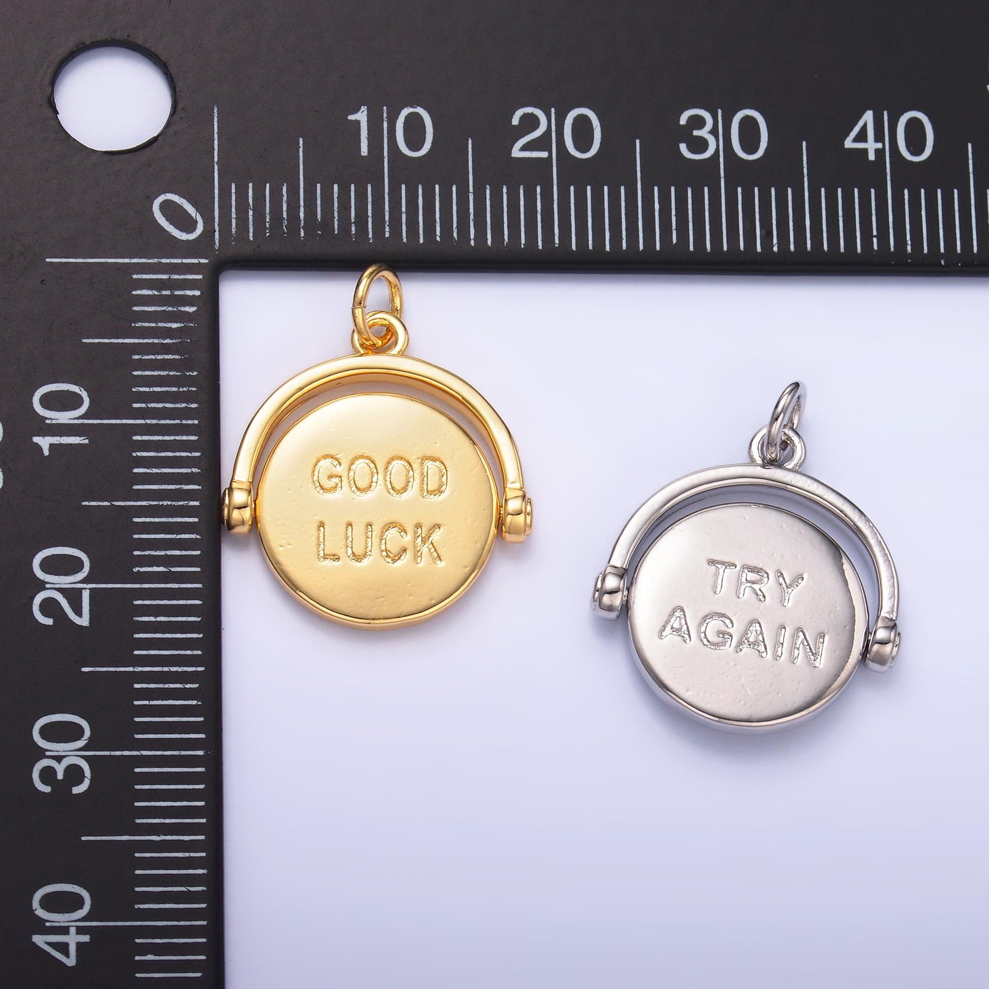 Double sided dainty gold filled Good Luck Coin charm Fortune Coin Try Again spinner pendant for Minimalist jewelry making inspired W401