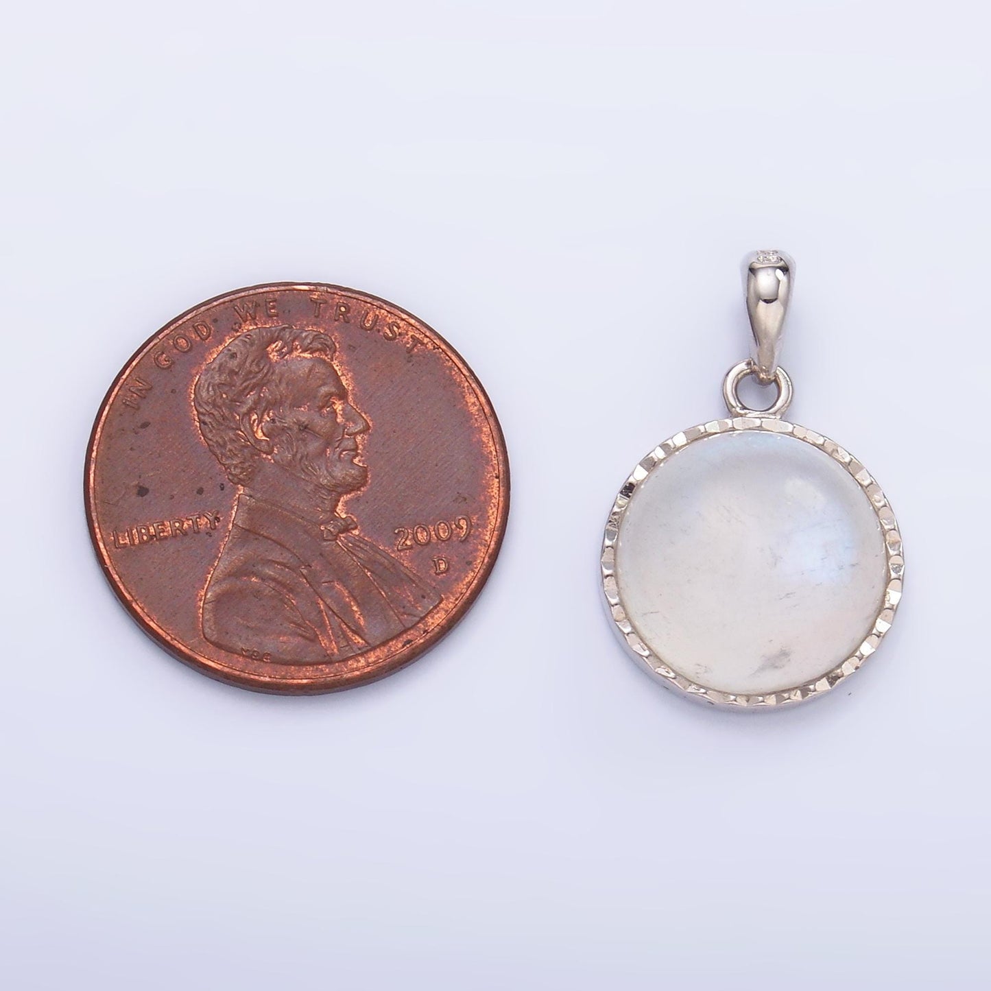 Dainty S925 Sterling Silver rainbow moonstone bezel round pendant charm | SL-609