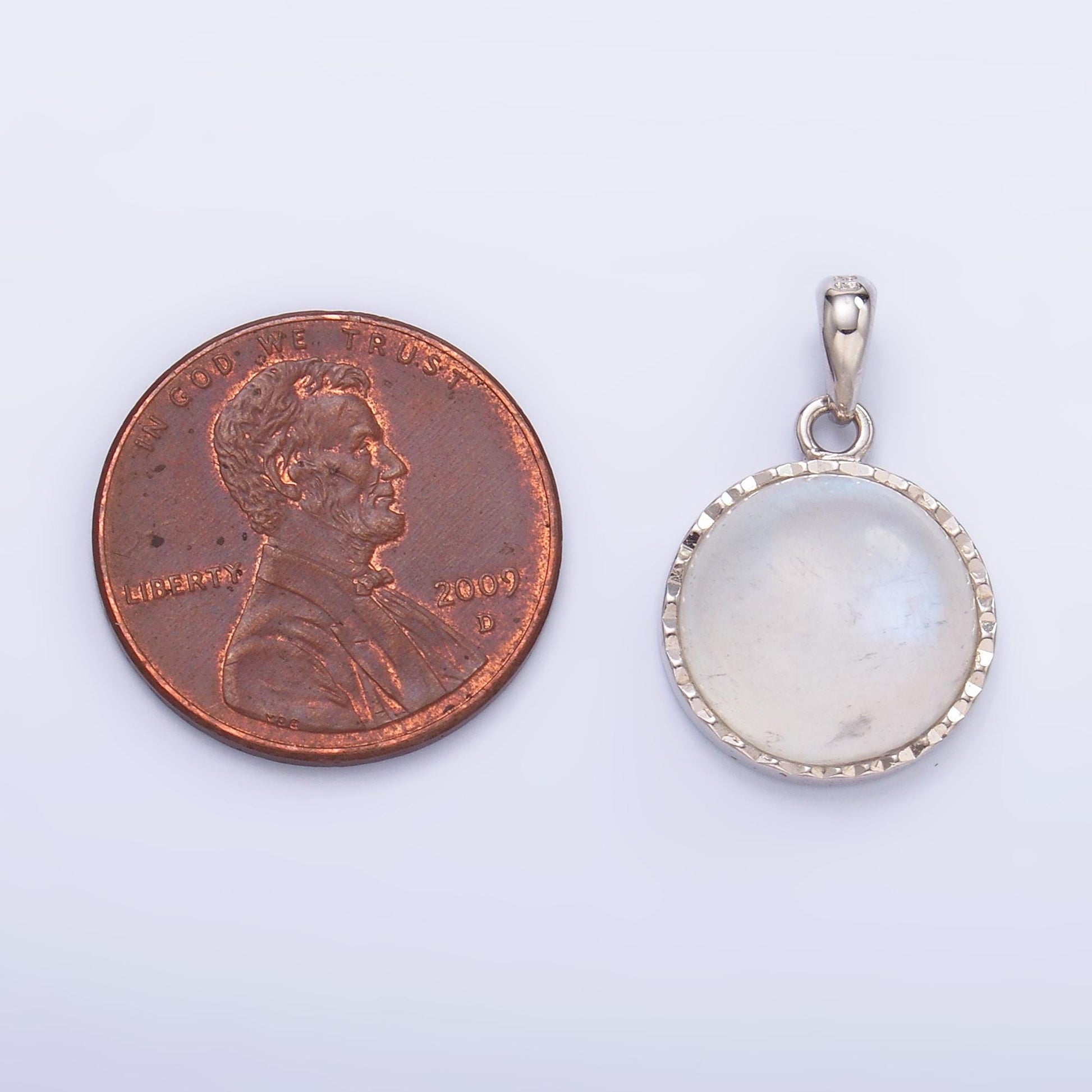 Dainty S925 Sterling Silver rainbow moonstone bezel round pendant charm | SL-609