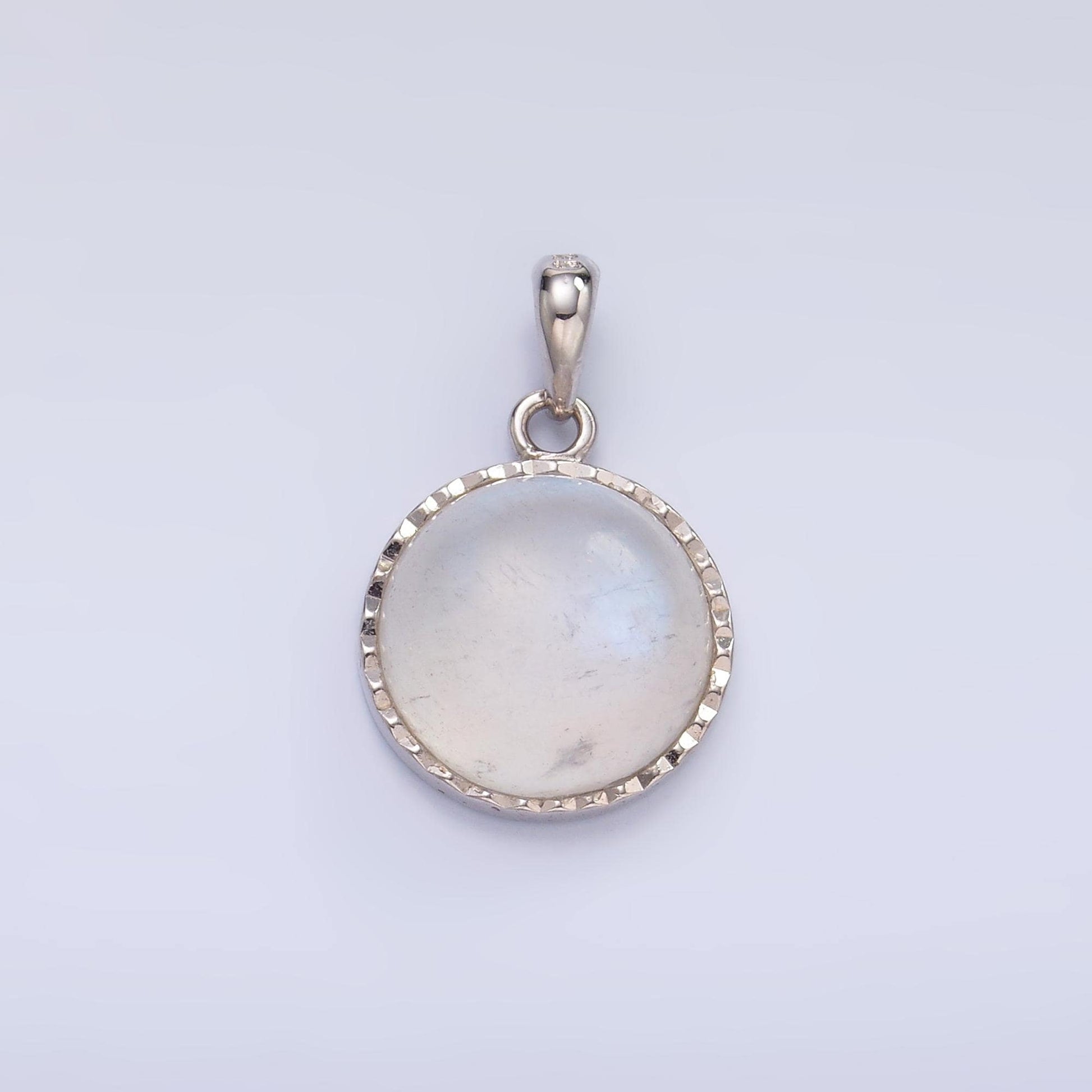 Dainty S925 Sterling Silver rainbow moonstone bezel round pendant charm | SL-609
