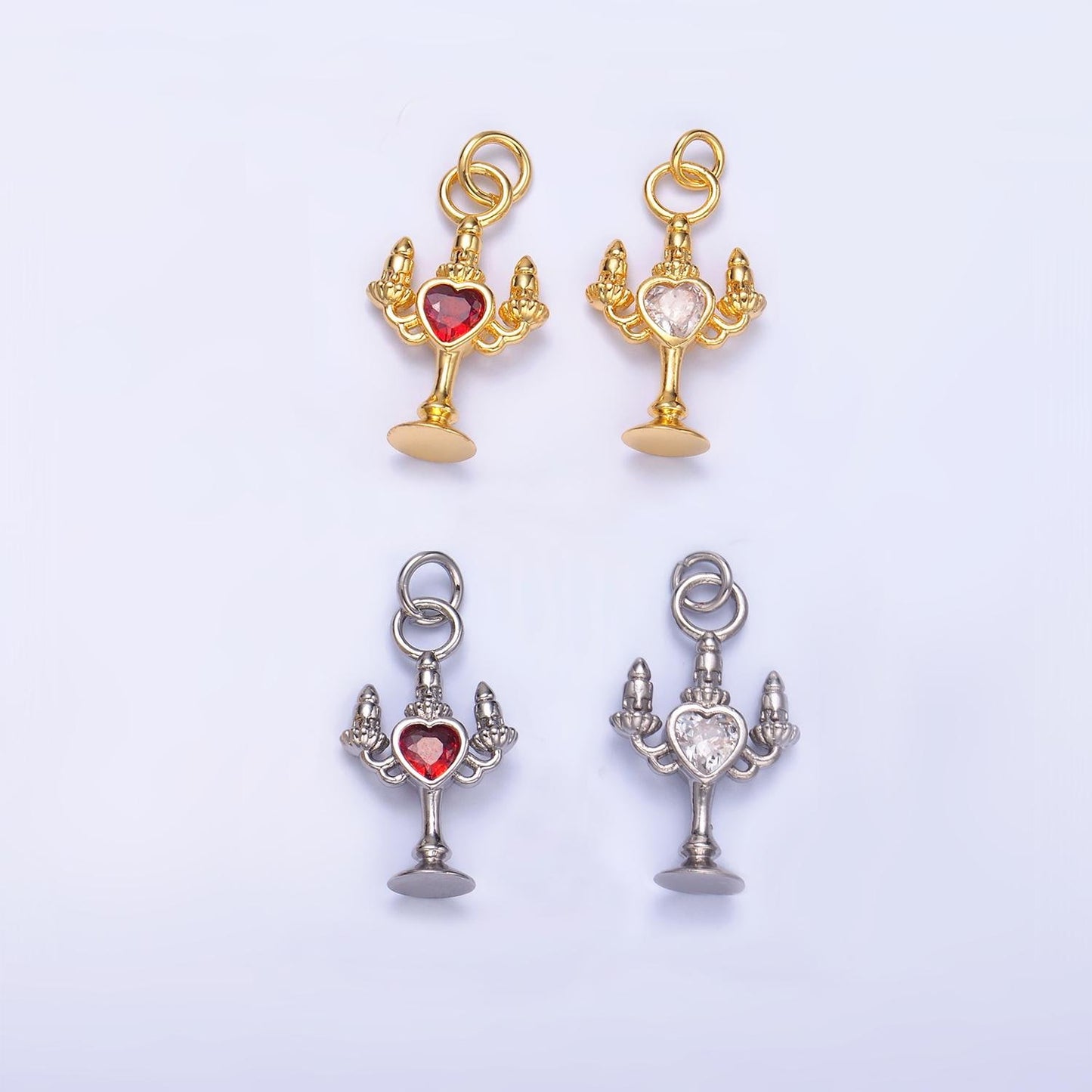Mini Gold Filled Candelabra Charm Heart CZ Candlesticks Charm for Necklace or Bracelet cHARM w339