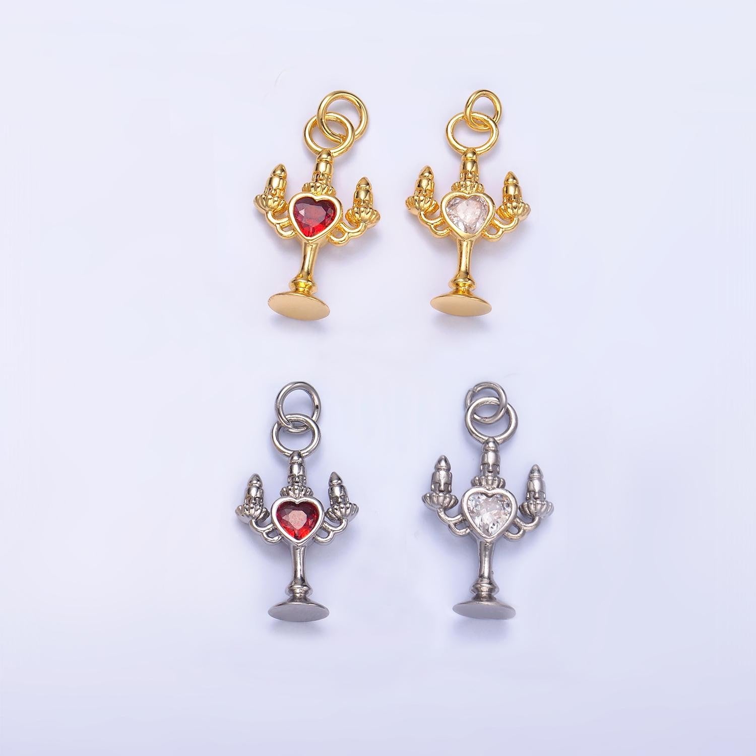 Mini Gold Filled Candelabra Charm Heart CZ Candlesticks Charm for Necklace or Bracelet cHARM w339