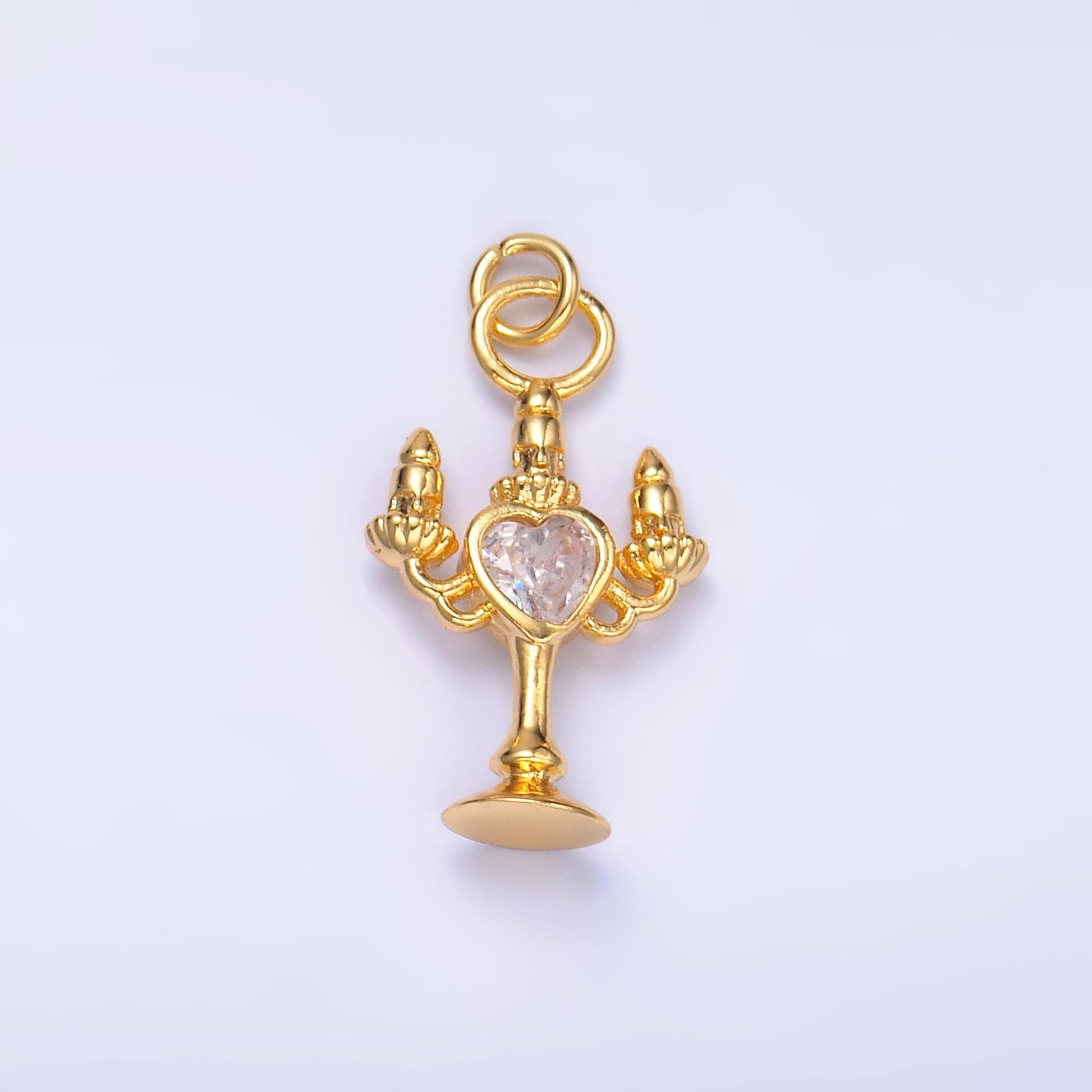 Mini Gold Filled Candelabra Charm Heart CZ Candlesticks Charm for Necklace or Bracelet cHARM w339
