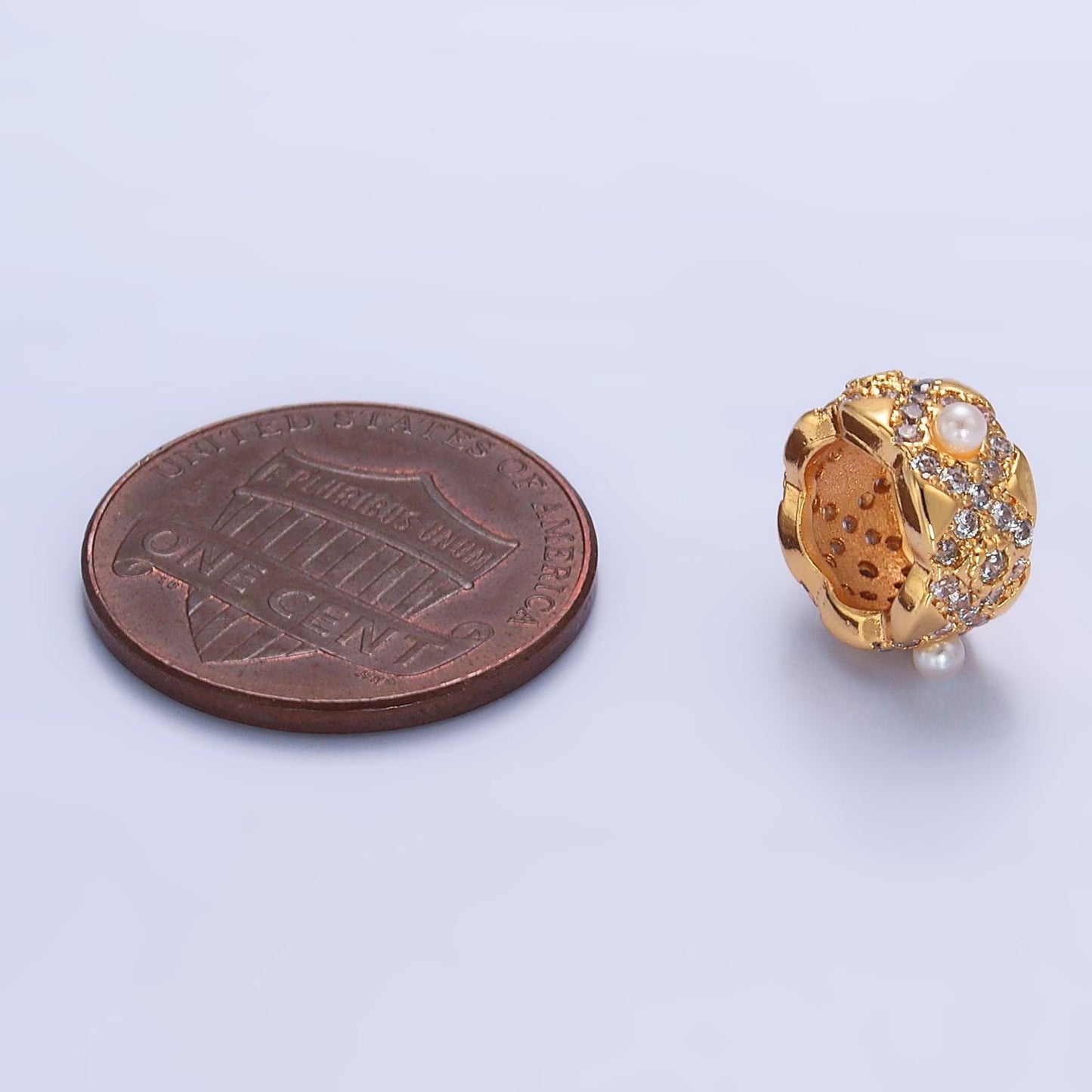 16K Gold Filled Shell Pearl Micro Paved CZ Geometric Rhondelle Bead | B136