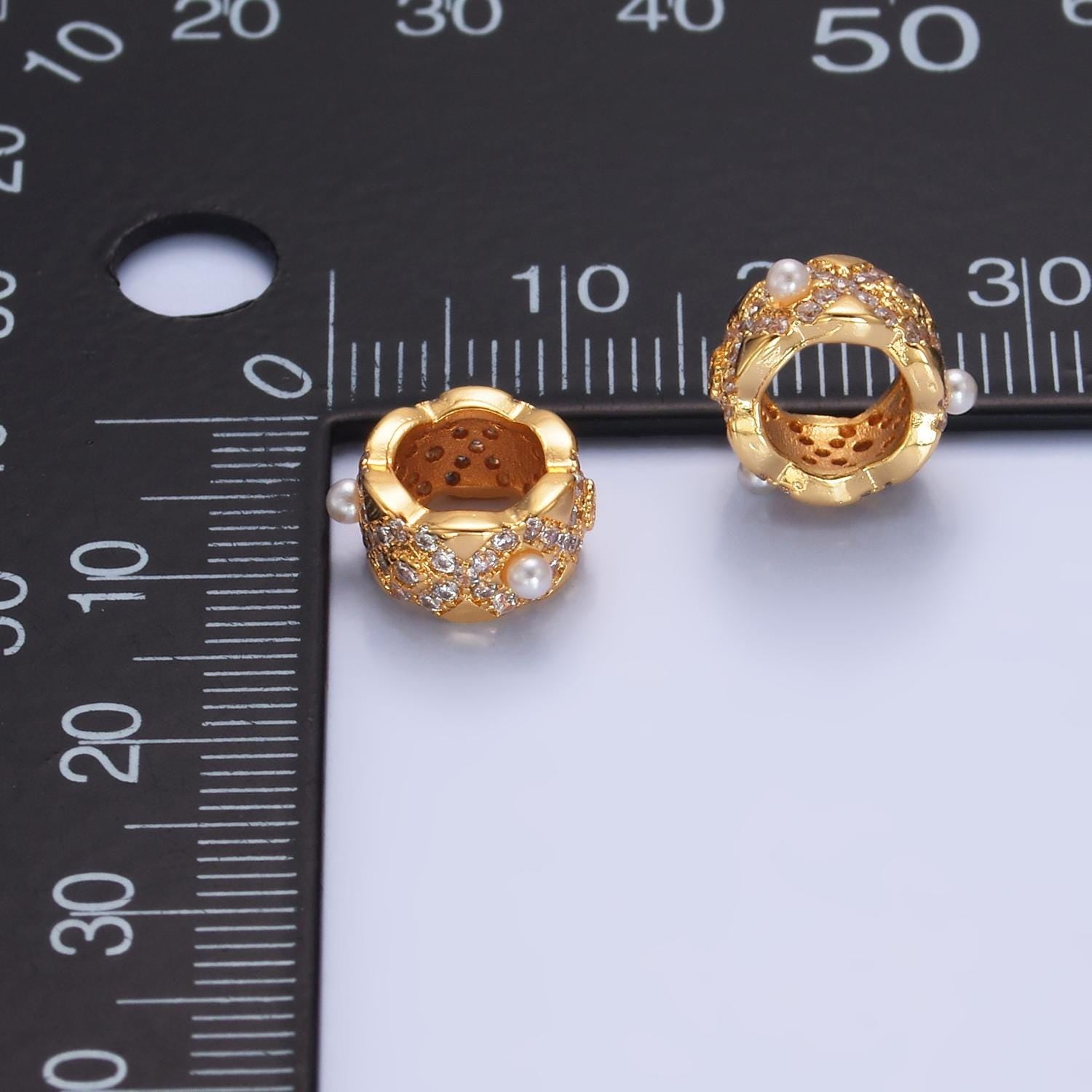 16K Gold Filled Shell Pearl Micro Paved CZ Geometric Rhondelle Bead | B136