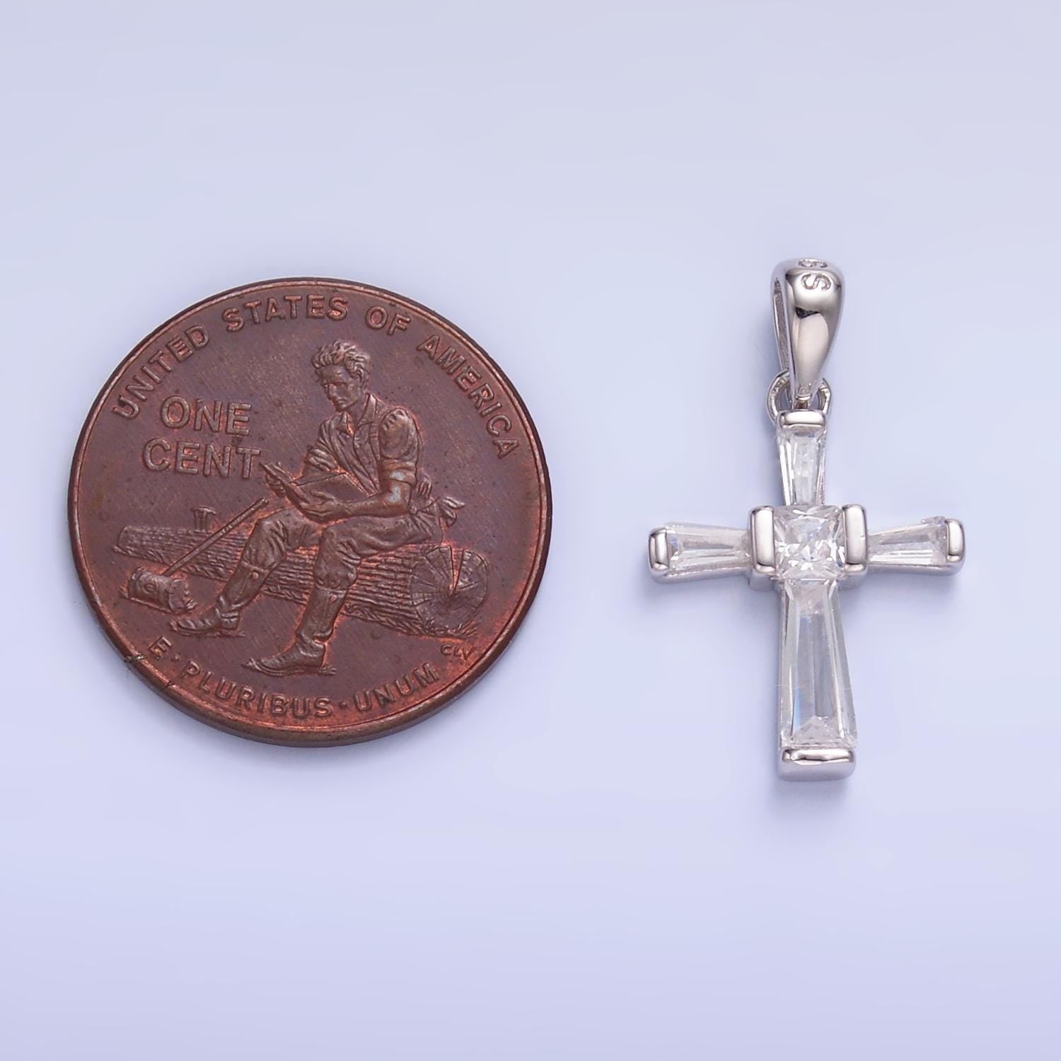 Small Cross Charms S925 Sterling Silver Clear Baguette CZ Cross Pendant for Minimalist Religious Jewelry Making | SL-597