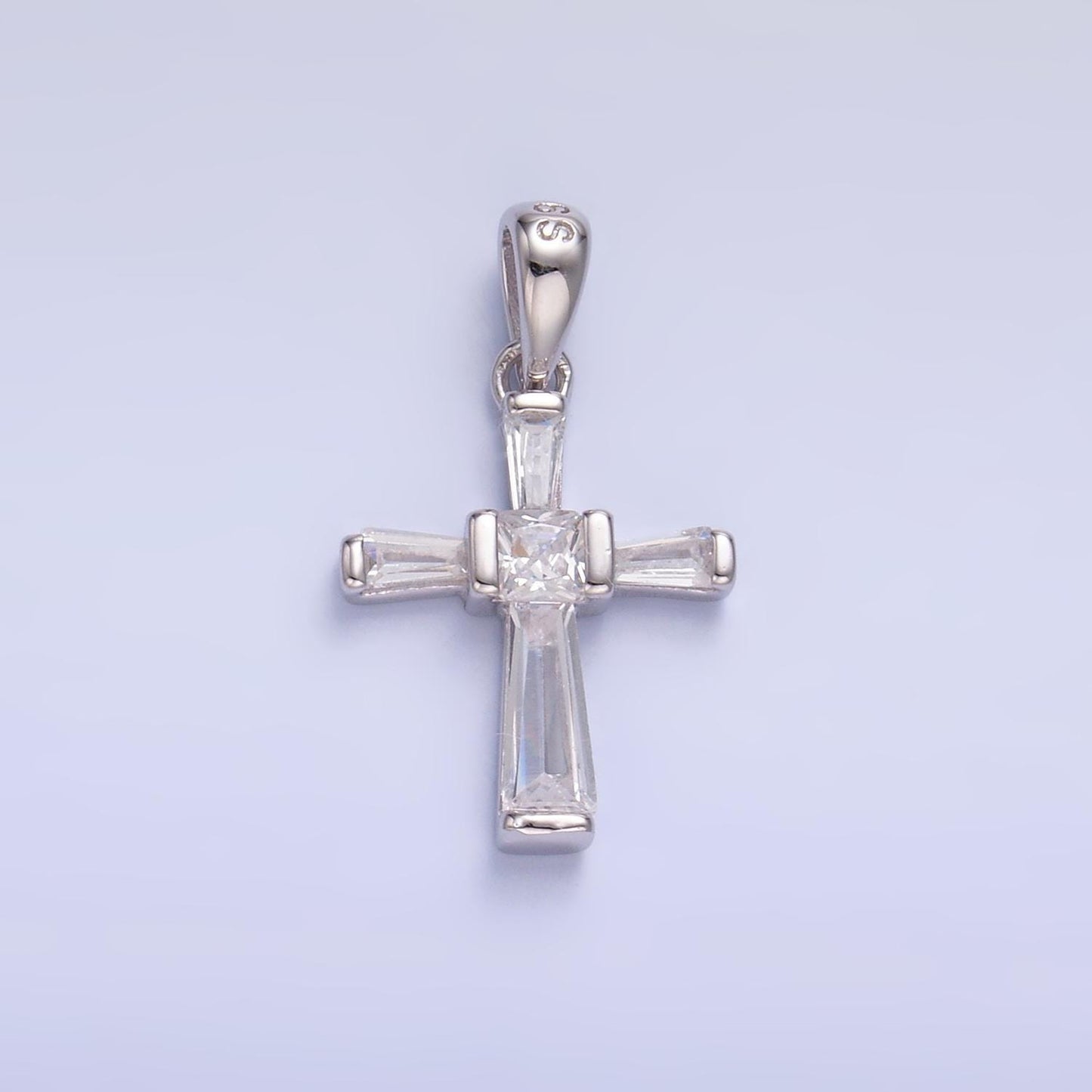 Small Cross Charms S925 Sterling Silver Clear Baguette CZ Cross Pendant for Minimalist Religious Jewelry Making | SL-597