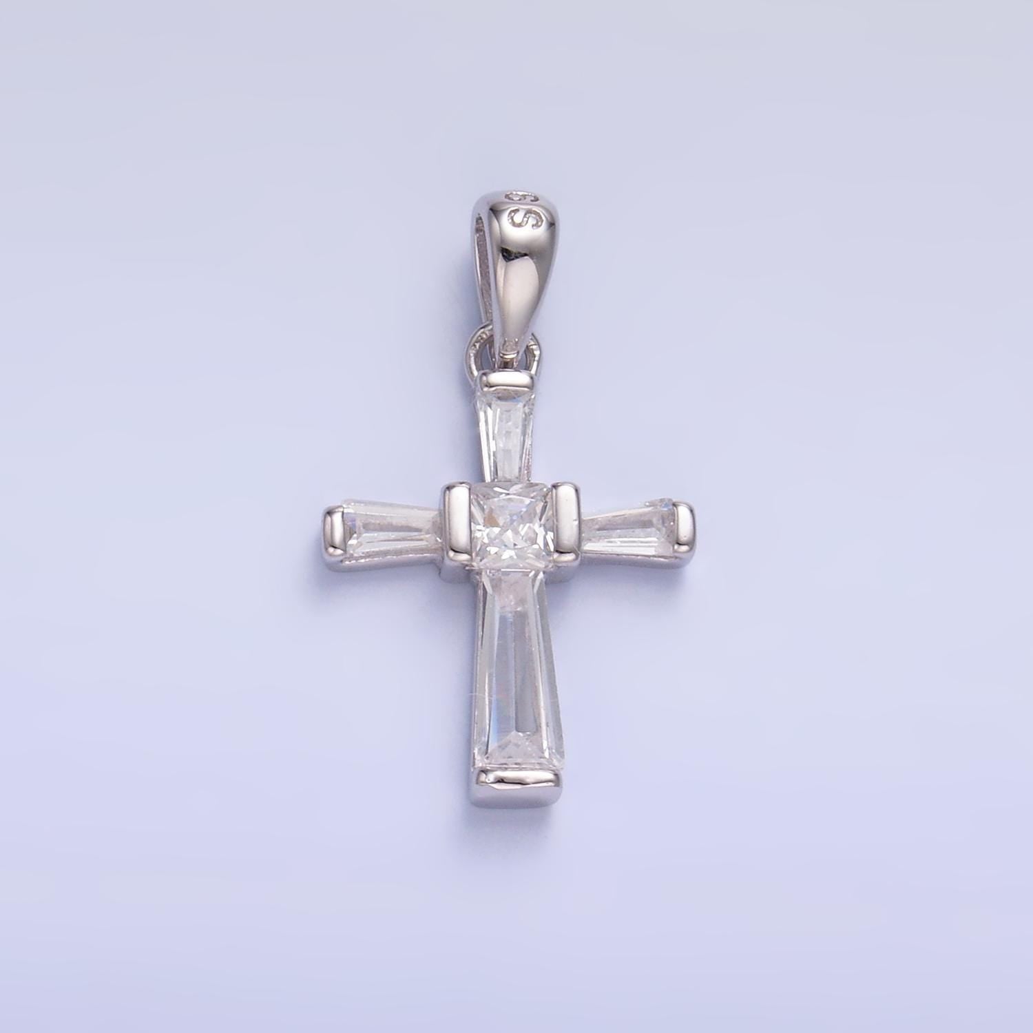 Small Cross Charms S925 Sterling Silver Clear Baguette CZ Cross Pendant for Minimalist Religious Jewelry Making | SL-597