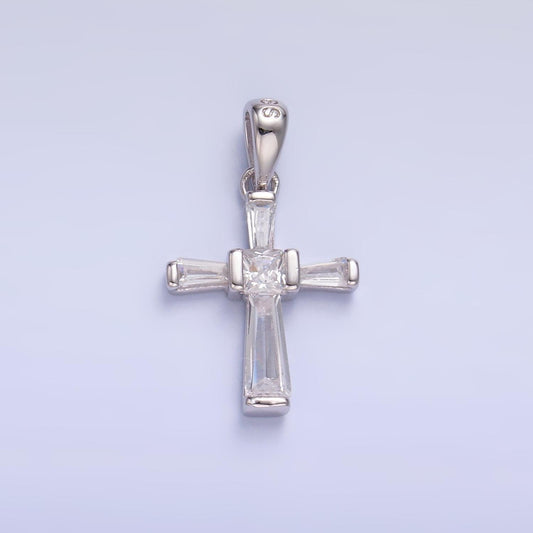 Small Cross Charms S925 Sterling Silver Clear Baguette CZ Cross Pendant for Minimalist Religious Jewelry Making | SL-597