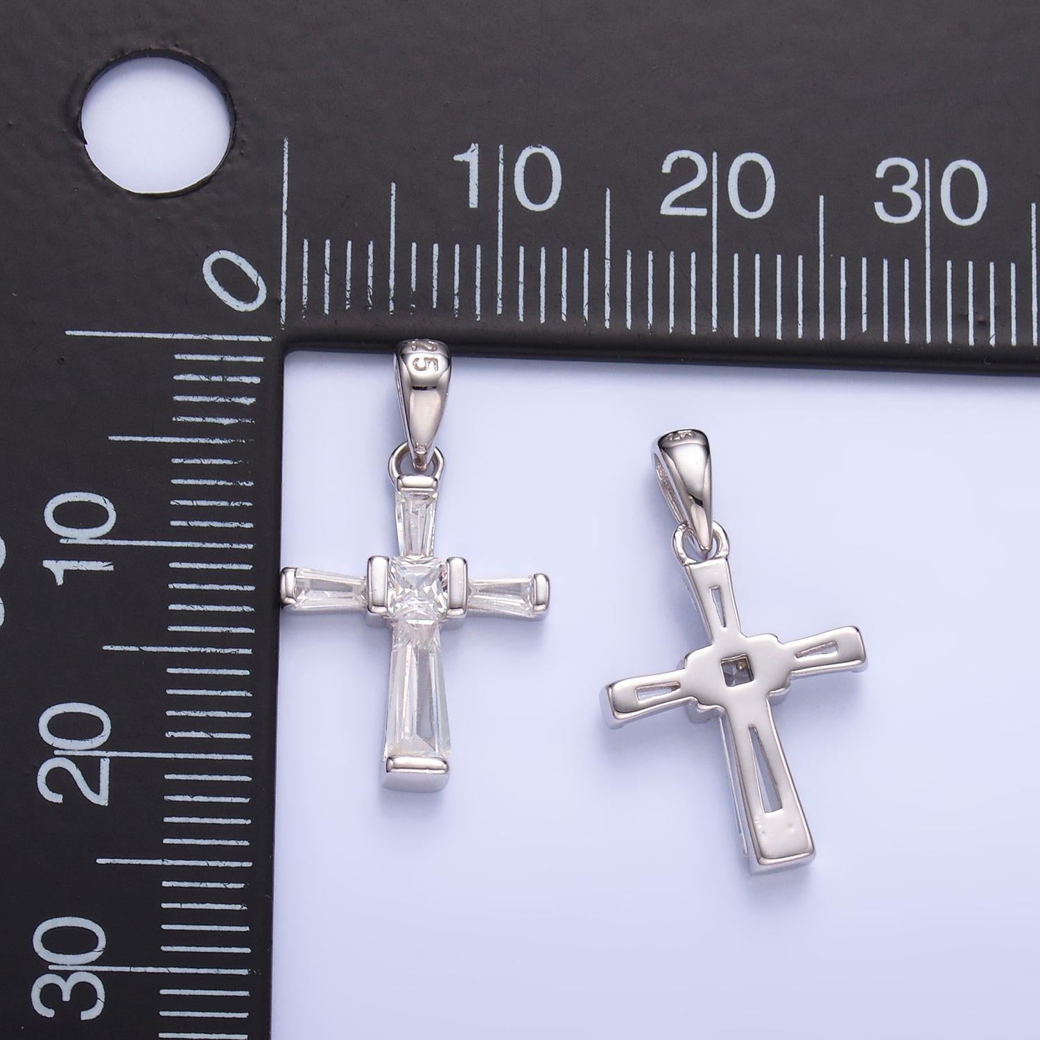 Small Cross Charms S925 Sterling Silver Clear Baguette CZ Cross Pendant for Minimalist Religious Jewelry Making | SL-597