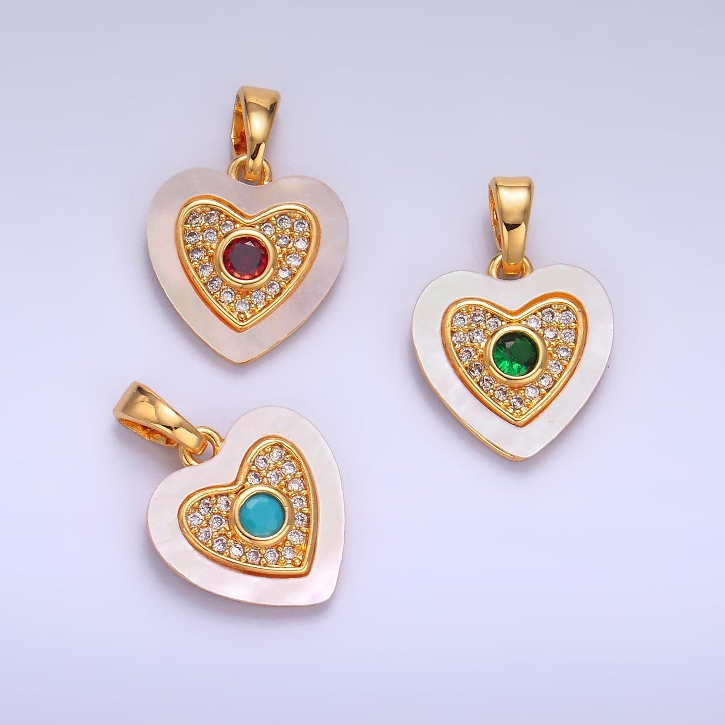 24K Gold Filled Double Heart Micro Paved CZ Shell Pearl Pendant | AA1064