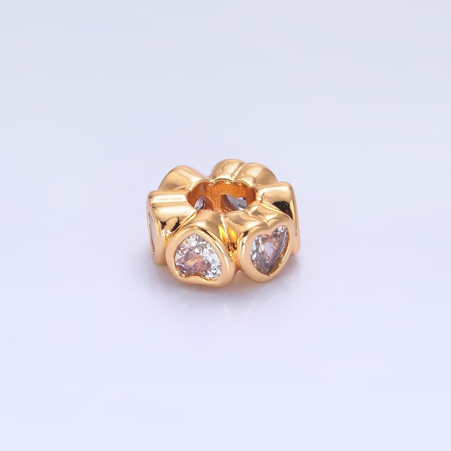 Colorful Rondelle Heart 24k Gold Filled Bead Spacer in Gold with Clear Pink Green CZ Side Hole Drill Beads | B139