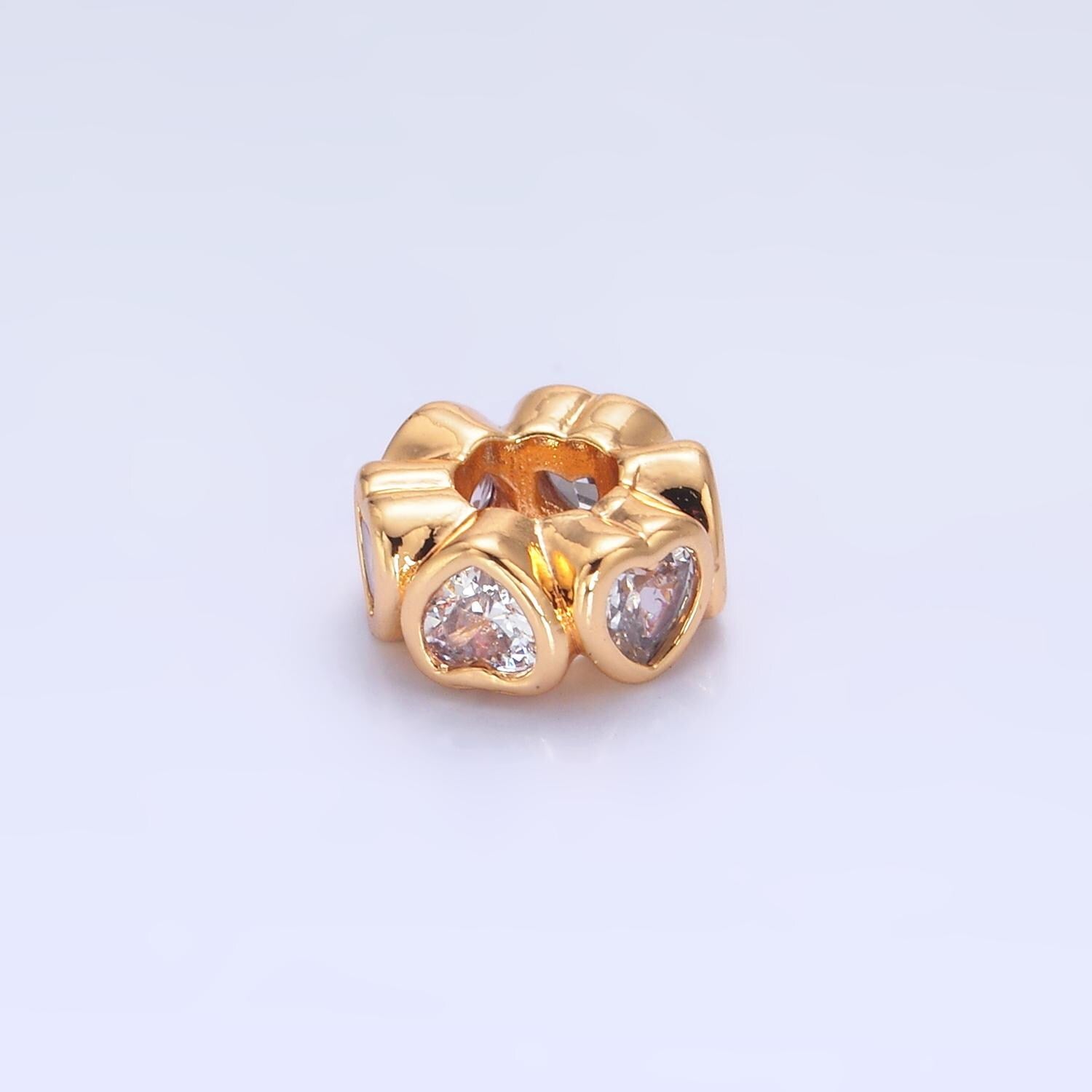 Colorful Rondelle Heart 24k Gold Filled Bead Spacer in Gold with Clear Pink Green CZ Side Hole Drill Beads | B139