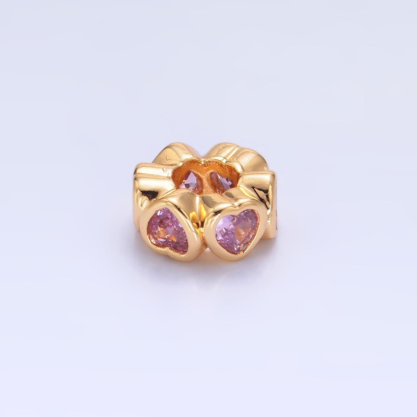 Colorful Rondelle Heart 24k Gold Filled Bead Spacer in Gold with Clear Pink Green CZ Side Hole Drill Beads | B139