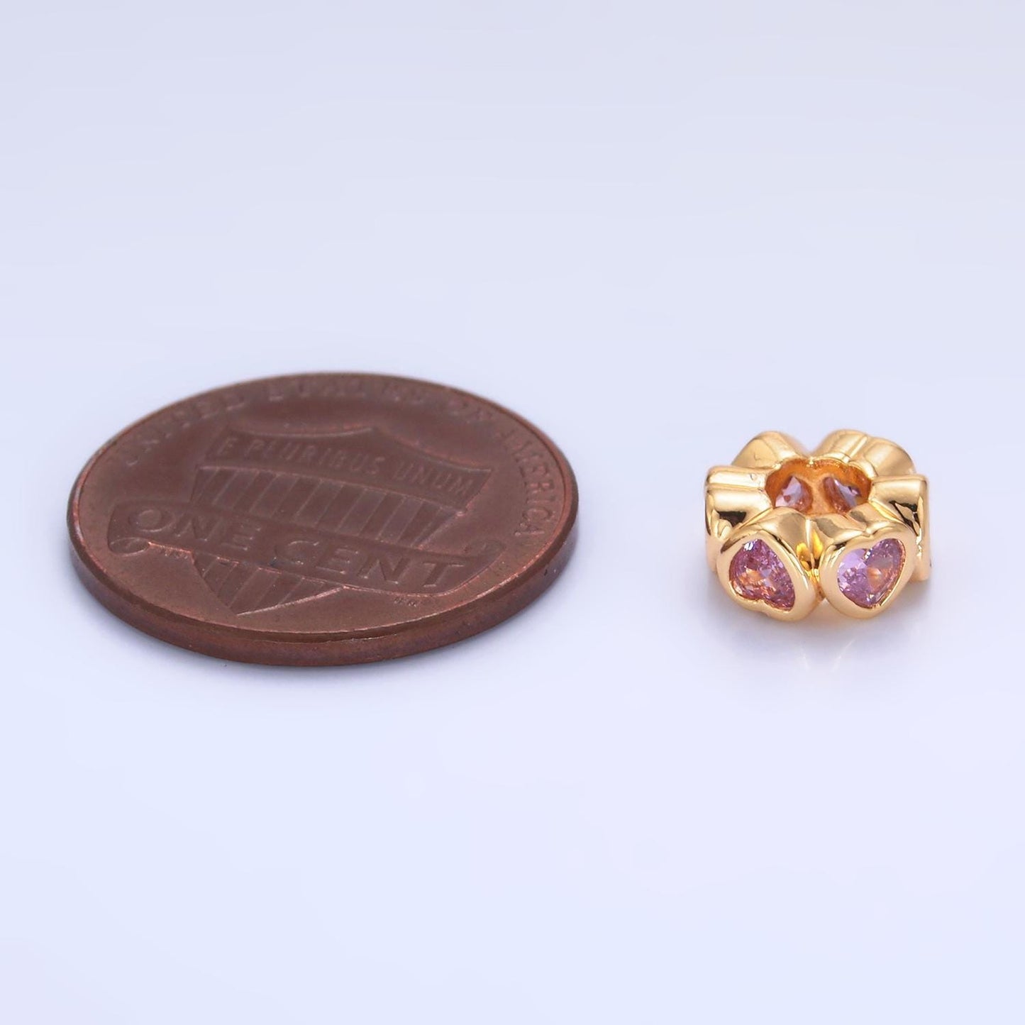 Colorful Rondelle Heart 24k Gold Filled Bead Spacer in Gold with Clear Pink Green CZ Side Hole Drill Beads | B139