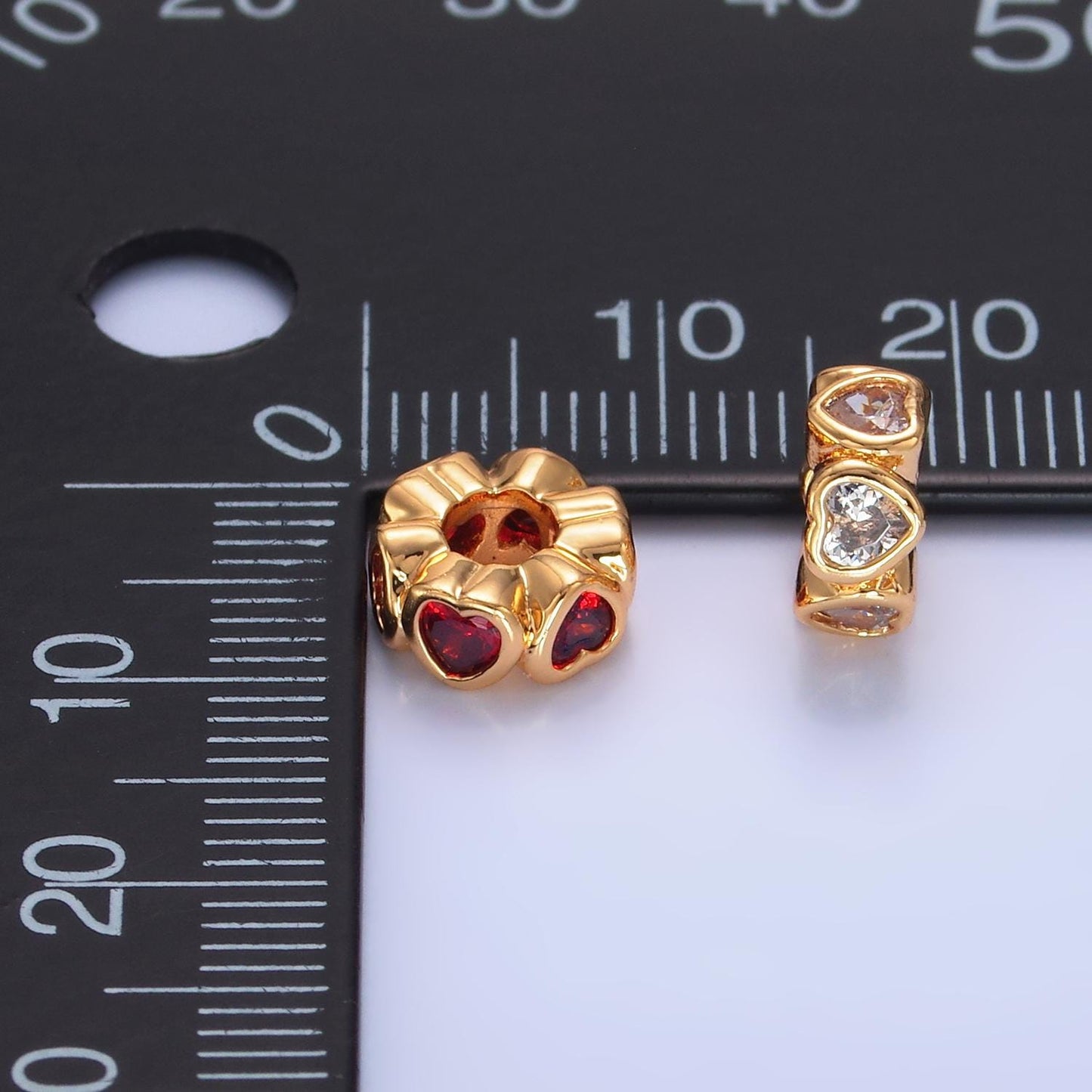 Colorful Rondelle Heart 24k Gold Filled Bead Spacer in Gold with Clear Pink Green CZ Side Hole Drill Beads | B139