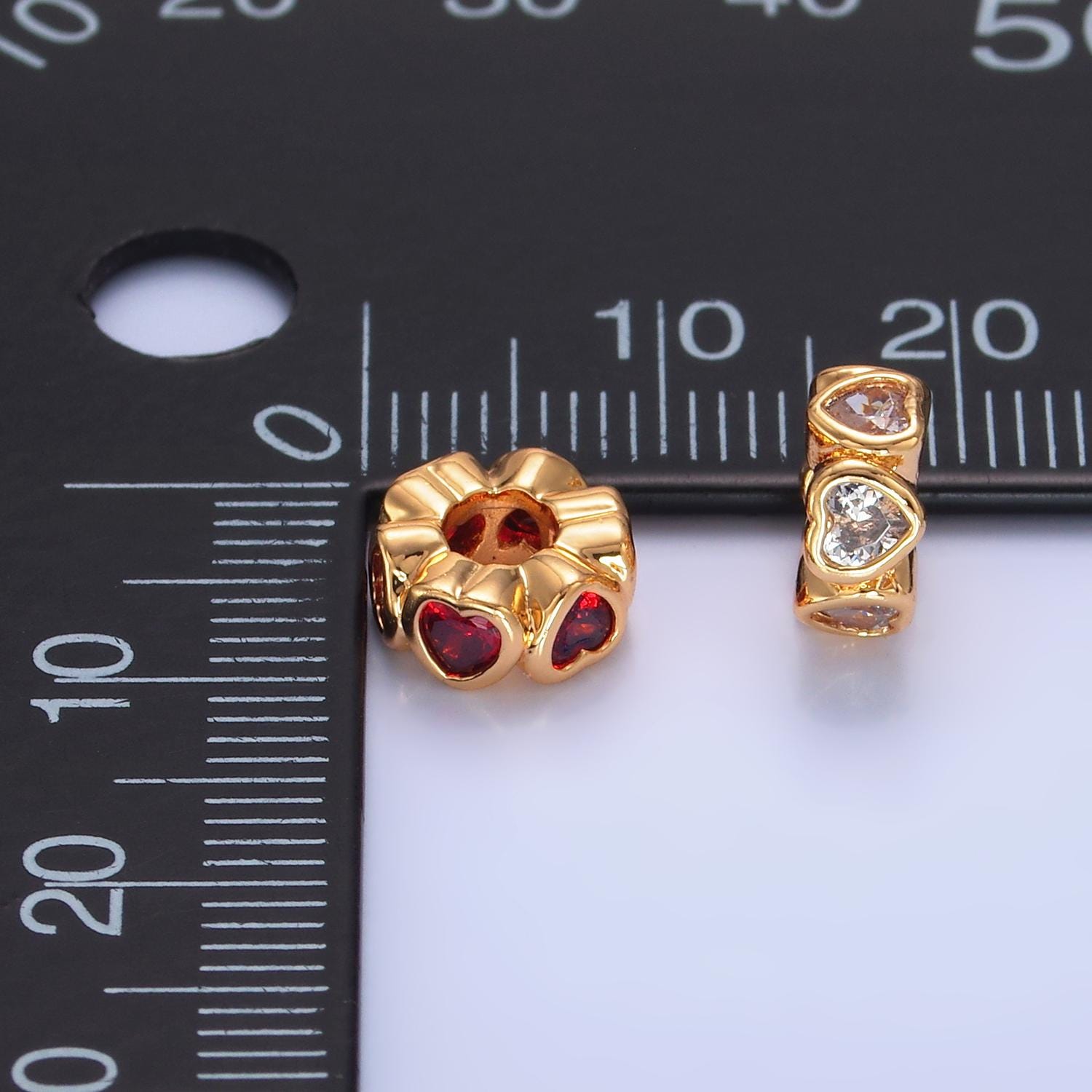 Colorful Rondelle Heart 24k Gold Filled Bead Spacer in Gold with Clear Pink Green CZ Side Hole Drill Beads | B139